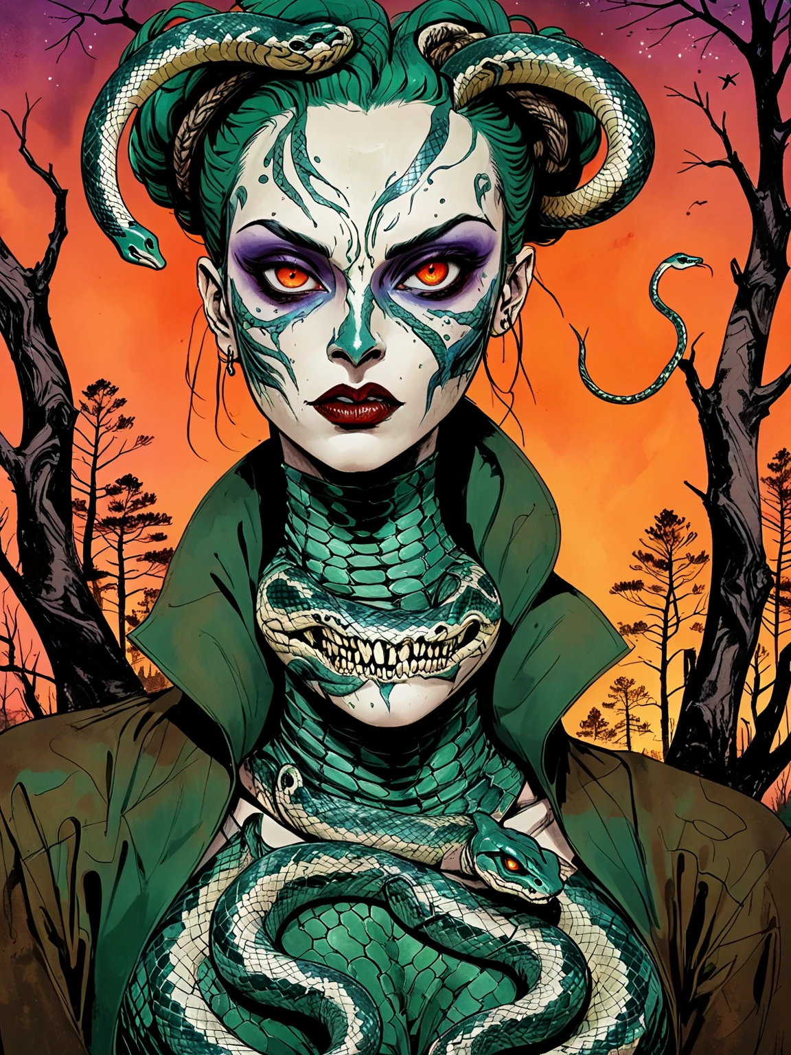 Medusa, splash page decompressed comic cover art, ink style figure,((expressive Joelle Jones and "Sean Gordon Murphy" comic drawing)), wordless, cinematic poster, double exposure, optical illusion, image within image, abyss void black no visibility darkness, full length portrait, (background, pine barrens, entropy, rewilding, magic hour sunset, galaxy stars, cosmos), (horror, abstract, surreal, body, cosmic), candid, snake skin dress, morphology anatomy drawn Frederic Delavier musculature anatomical illustration, (face, ornate black metal corpse paint, resembles Grace Jones), (body, Naga, snakefolk, lower body snake tail, snake woman hybrid, bald, hairless, skeleton, snake skin tattoos, piercing eyes, snake pupils, over the shoulder), (colors, bleak muted deep fiery radiant glowing ROYGBIV, forest green, earth brown), craftsmanship nuance, (Gerardo Zaffino charcoal), subliminal orchids, nyctophobia, silhouette
