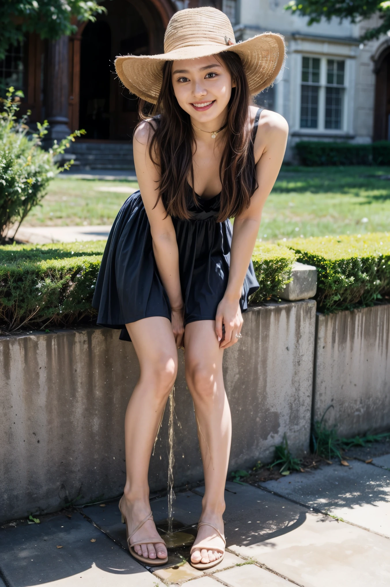 The high resolution photograph of a 23 years old beautiful Japanese woman, (realistic, photo-realistic:1.4), (best quality, masterpiece), 8k, RAW Photo, intricate details, extremely detailed, sharp focus, professional lighting, full body, solo, 1girl, tall, (flat chest:1.3), pale skin, fine-textured skin, straight long black hair, cheerful grin,,,,( sundress, sun-hat:1.2), (standing leaning forward, forward bending:1.4), (choker, jewelry), high-heel-sandals,,,,(posing for gravure photography, erotic posture), detailed face, detailed beautiful eyes, sophisticated nose, (peeing self, sparkling urine, urination:1.5), (pee puddle:1.2), (perfect anatomy, two perfect anatomical arms, two perfect anatomical hands, two perfect anatomical legs),,, photo background, outdoors, blue sky,