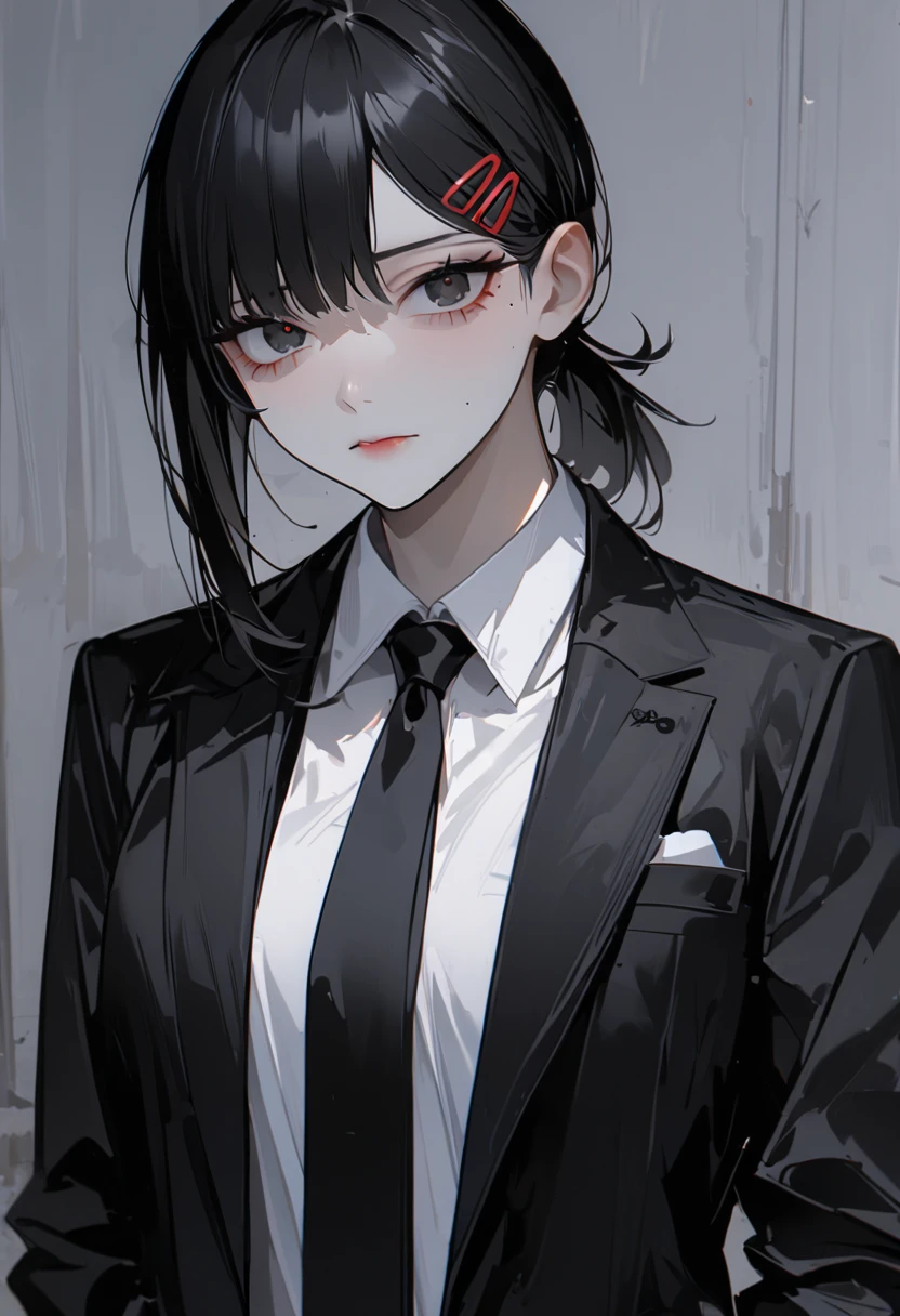  top quality 、 Details,  viewers、 Chainsaw Man 、Anime、  dongshan_Kobeni,  hair accessories, hair clip,  One Girl ,  black hair,  short ponytail , formal,  jacket,  white shirt,  black suit, underpants,  slacks, black tie, 