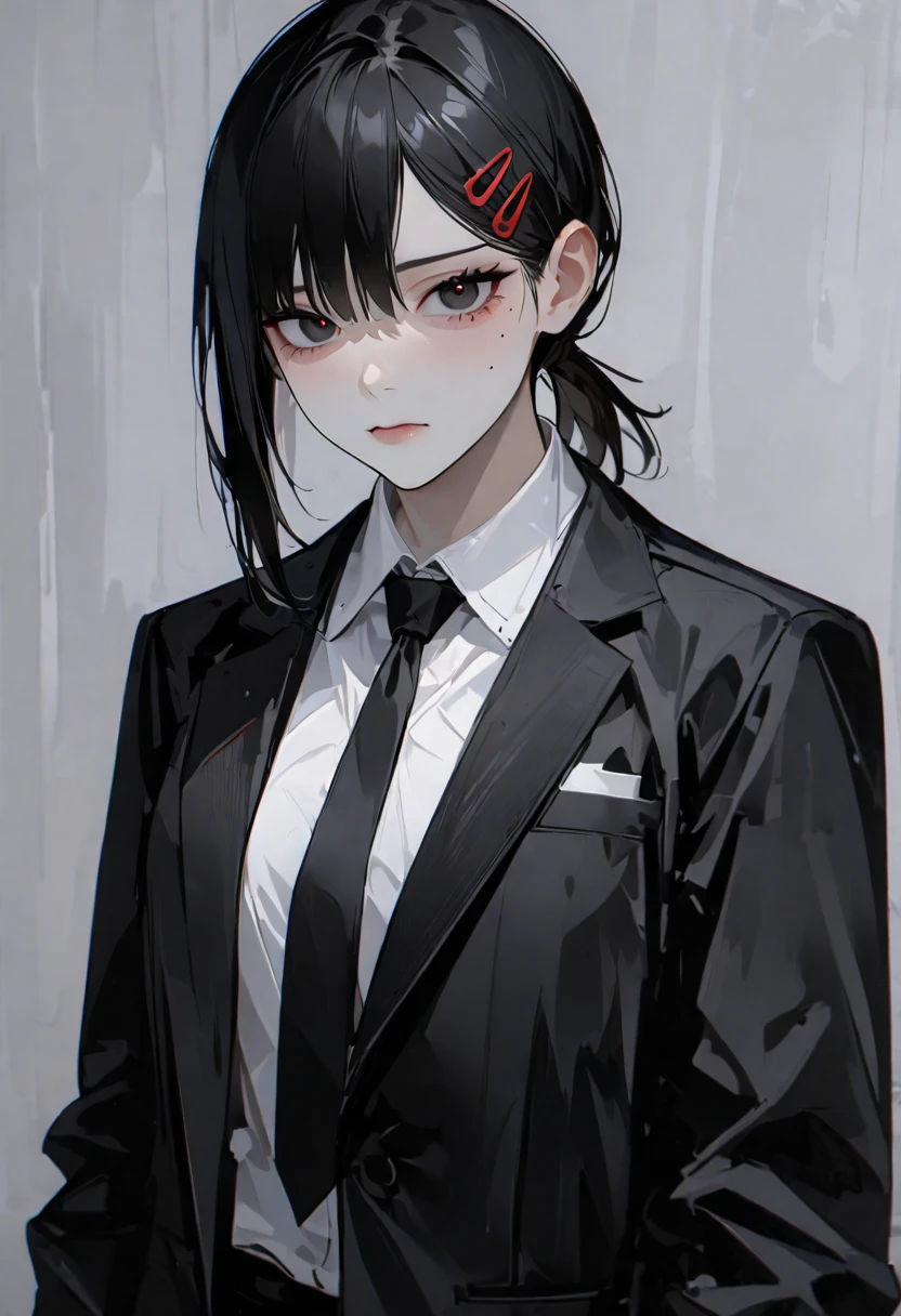  top quality 、 Details,  viewers、 Chainsaw Man 、Anime、  dongshan_Kobeni,  hair accessories, hair clip,  One Girl ,  black hair,  short ponytail , formal,  jacket,  white shirt,  black suit, underpants,  slacks, black tie, 