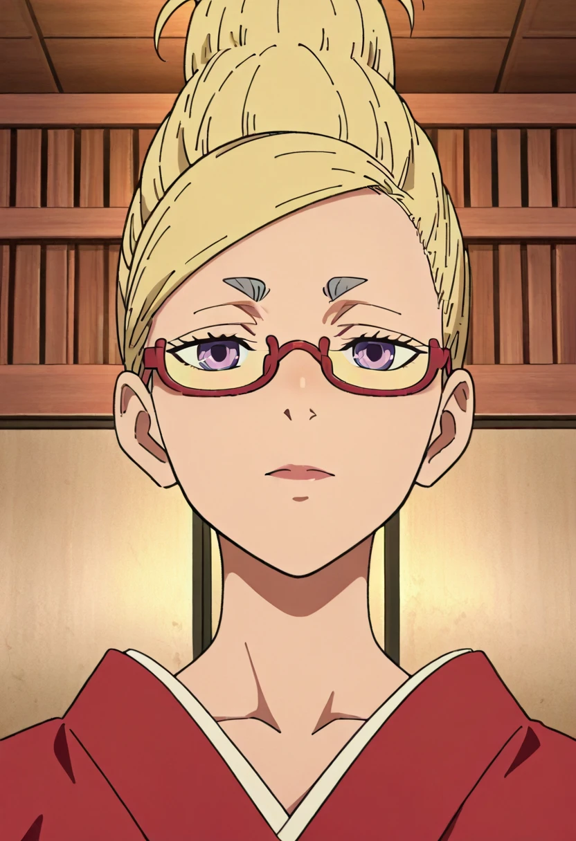 1 MATURE WOMAN , blonde hair glasses Seiko Ayase Dandadan   ,     Very beautiful woman    , intricate fine details,  Temple configuration   ,   with no expression on her face    , mental reprogramming,     she awaits your order in a position of reverence to her master ,    she wears a red kimono ,  she recognizes him as her master     (  Mind Control)  