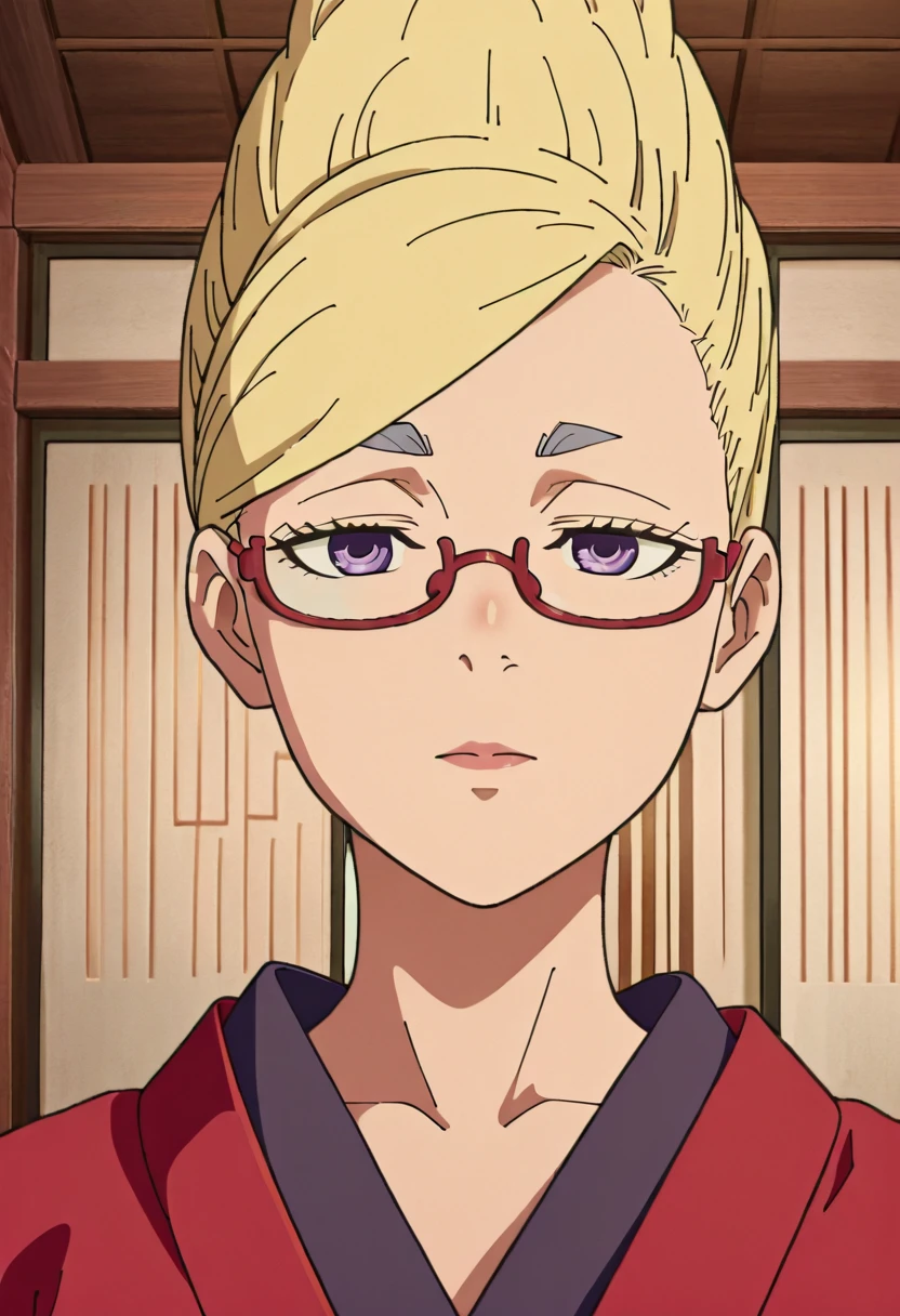 1 MATURE WOMAN , blonde hair glasses Seiko Ayase Dandadan   ,     Very beautiful woman    , intricate fine details,  Temple configuration   ,   with no expression on her face    , mental reprogramming,     she awaits your order in a position of reverence to her master ,    she wears a red kimono ,  she recognizes him as her master     (  Mind Control)  