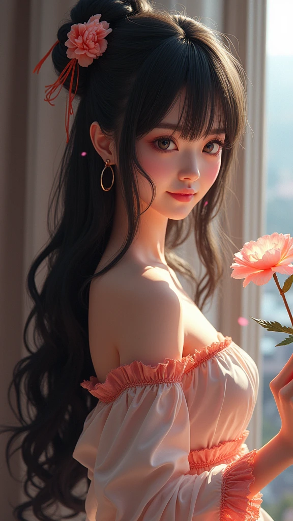 Very beautiful girl, (A smile that makes everyone around you happy)、Beautiful and fair、Beautiful Skin、Glowing Skin, bright, Refreshing and gentle look, Perfect beautiful face、Beautiful shiny bangs, Small breasts,((Sargent-style watercolor))、(Highest quality、masterpiece)、Soft Light、Indoor Botanical Garden、dome、(Lots of flowers)、Garden with fluttering petals、