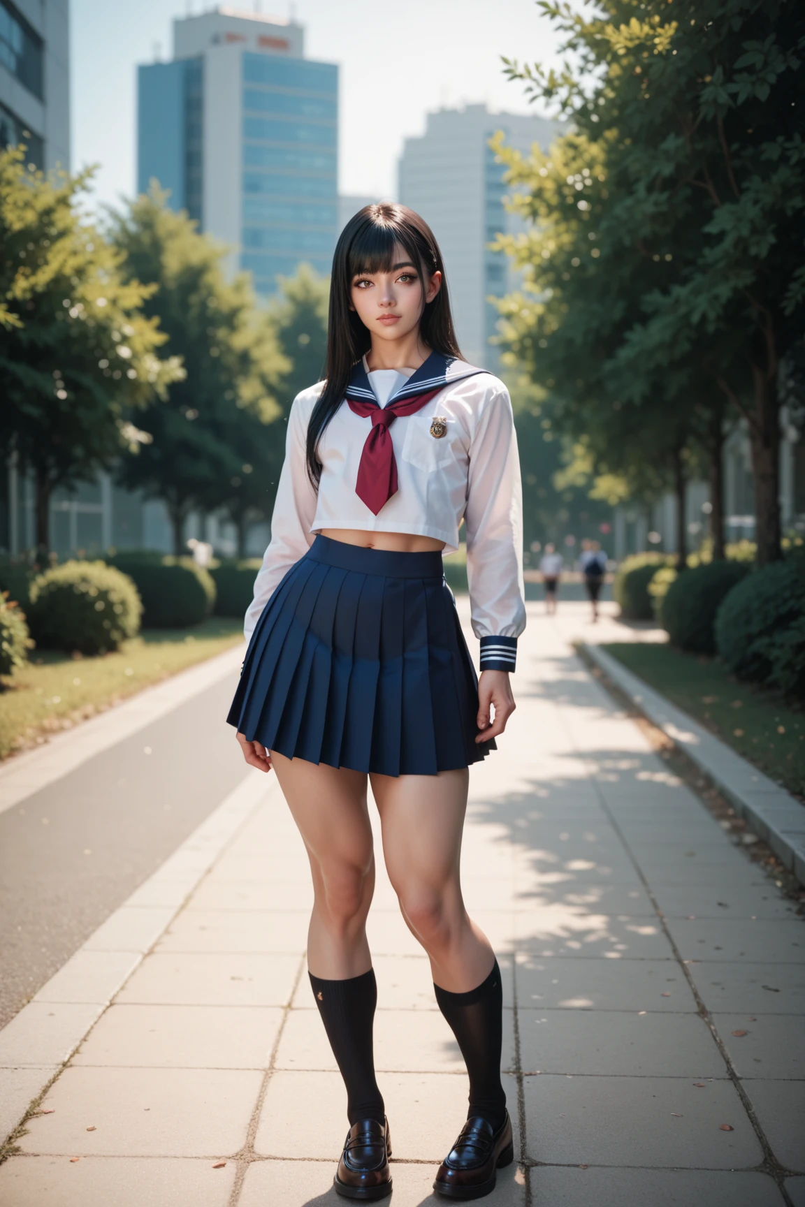  femboy, trap,  one boy , Male physique,  tall ,   facing the front,  standing,  good style ,curvilinear,  skirt, Rin々 with dark eyes, Long black hair,   Wide Hips,  high school girl uniform 