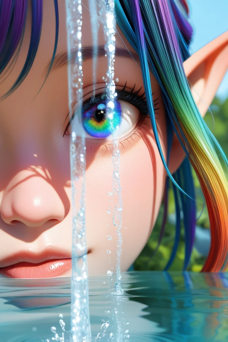 Close-up, a beautiful elf at a waterfall reaching out to catch water from the waterfall, water droplets spreading in the air, sunlight refracting in water, lots of shine and reflections and rainbow effect in the droplets suspended in the air, joy, loving nature, happiness, loving life, loving everything joy of living, detailed eyes, detailed lips, detailed hair, detailed skin, detailed clothes, detailed textures, vivid colors, shaded colors, high sharpness, volumetric, amazing 3D effects, photorealism, saturated colors