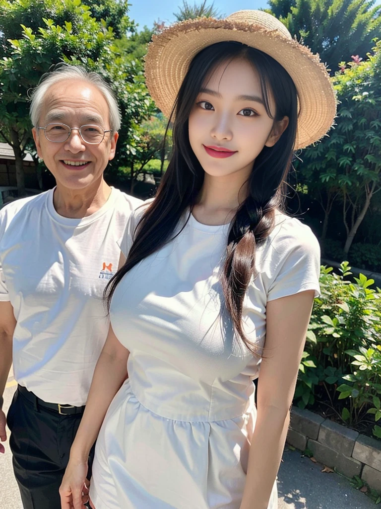 (A picture of a super cute Korean female college student wearing a straw hat and walking with her elderly short, bald, and plump grandpa:1.2)(Grinning,smile:1.3)(Mild wind climate :1.1)(16k,  RAW photos ,  top quality , masterpiece: 1.2),( Glossy Black Hair Braid Semi Long Bob Cut)  super detailed ,  Super Resolution, (Genuine, Genuine photos: 1.37),  portrait,  High Resolution RAW Color Photos,  professional photos ,  very detailed, 8k wallpaper,  very detailed CG Unity 8k wallpaper, solo, very detailed beautiful girl,  very detailed faces, ((whole body)), beautiful woman,  huge breasts,(huge boobs:1.1) ( big boobs:1.1), ( camisole), Korean Girl,(Idol-level beautiful gal)(Beautiful girl:1.1)(Autumn dusk with fallen leaves )(デート用のカワイイ camisole:1.1)(Perfect Makeup:1.1) miniskirt(with old man:1.3)