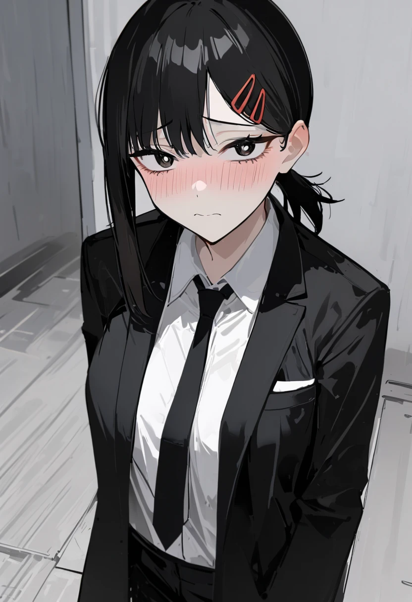 (best quality,masterpiece:1.2)1girl,higashiyama kobeni,scared,black suit, black tie,black hair, brown eyes,perfect face,perfect body,detailed,beautiful,flawless skin,complete body shot