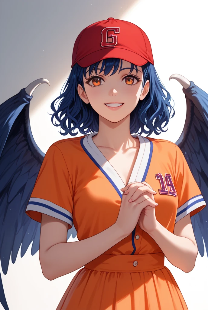 Anime girl, pastel colors, long dark blue hair, smiling softly, hands clasped, wearing a Hiroshima Carp baseball uniform replica (red and white, "Hiroshima" written on the chest, "KF" in white on a red cap),  soft lighting, delicate features, wings slightly visible, pastel anime style, gentle expression,  detailed uniform."

Here's an improved prompt based on the image you provided.  The original prompt was quite different from the image, so this is a significant rewrite. The image shows a girl with dark blue hair, an orange dress, and dark accents; there's no baseball uniform.

**Improved Prompt:**

(masterpiece:1.2), (best quality:1.2), (8k resolution:1.1), (intricate details:1.1), (beautiful anime girl:1.0), (long dark blue hair:1.0), (orange dress:1.0), (lace details:0.9), (black lace sleeves:0.9), (elegant pose:0.8), (soft lighting:0.8), (gentle expression:0.8), (delicate features:0.8), (dark eyes:0.7), (orange flower in hair:0.7)


This prompt emphasizes the key features of the i