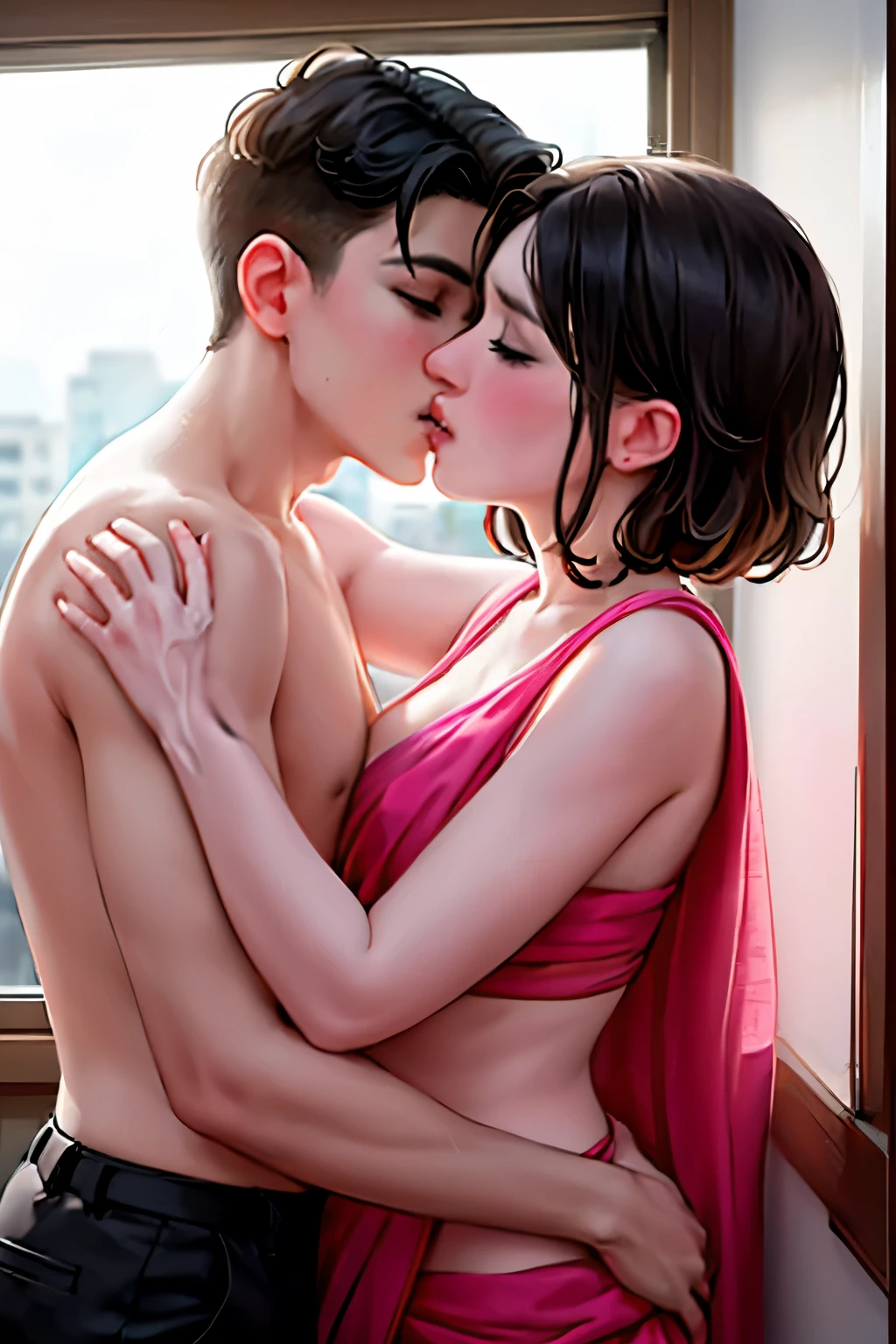 Shirtless boy kissing a sexy woman wearing a saree near a windowsill, natural light beaming through window, passionate, intensely intimate, lustful, hot, hugging tight, both blushing intensely