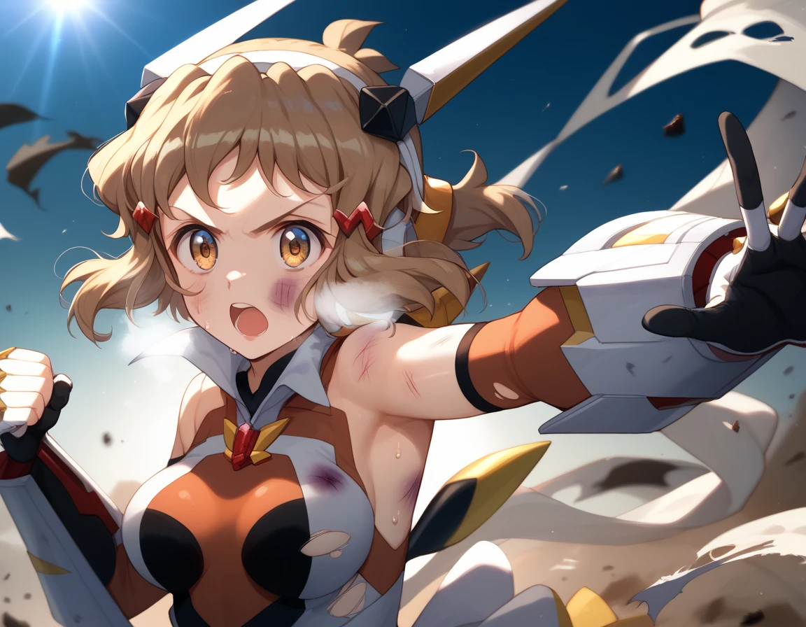  top quality ,  soft light during the cruise,  super high res,  cute, Beautiful face in every detail , high resolution details of human skin texture, shiny skin,sweat,Heat, white breath ,Take a deep breath,Hibiki Tachibana,Brown Hair,, battle costume,Outdoor Arena,sunlight, serious eyes,Ready,Big eyes, Symphogear ,armed gear , open mouth ,Fighting pose,bruised body, has a weapon , hair ornament, torn clothes ,Short Hair