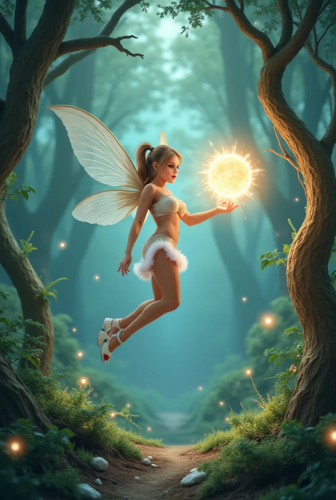 Flying fairy with elf ears and an orb of energy in her hand, magical forest landscape with halos of light and particles of light :: 2d graphic novel style, realistic cartoon 