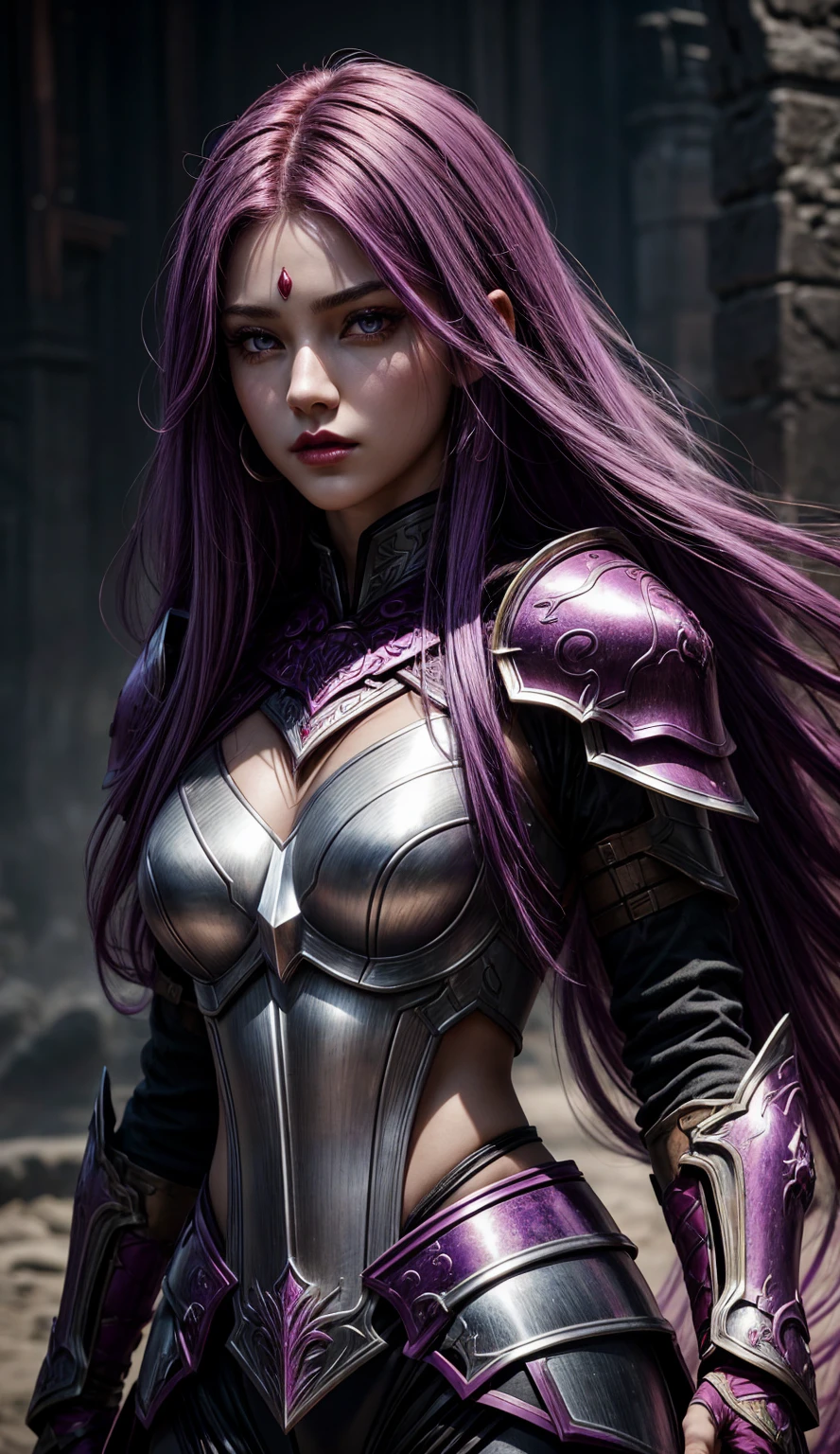 (Masterpiece, Superb Detail, Super Detailed, High Resolution), Male Focus, (((Female Armor))), (((Armor Purple Dress Set))), (She Has Long Purple Hair, Medium Breasts, Slim, perfect body, beautiful face), look at viewer, (((purple panty))), (((smoke))), City Ruins, Background Details, Solo