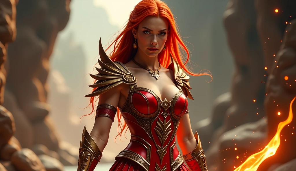 a detailed full body shot of a powerful red head warrior wearing intricate phoenix-themed sexy armor, fierce expression, glowing orange and red armor with feather-like patterns, dramatic lighting, cinematic composition, rich textures, highly detailed, digital painting, epic fantasy, (best quality,4k,8k,highres,masterpiece:1.2),ultra-detailed,(realistic,photorealistic,photo-realistic:1.37),HDR,UHD,studio lighting,ultra-fine painting,sharp focus,physically-based rendering,extreme detail description,professional,vivid colors,bokeh