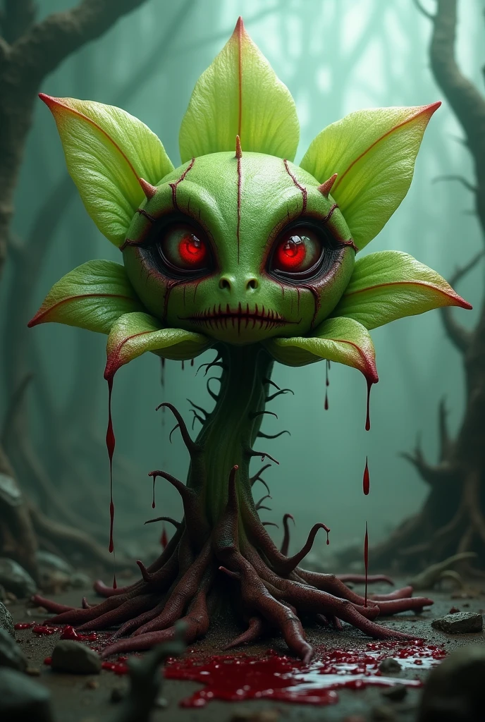 ((zombie cute girl is biting Venus flytraps, zombie body, She is inside a giant Nepenthes, wrapped in plant tentacles, whole body)), (masterpiece, best quality, super detailed, beautiful details eyes, Clean and delicate face), In a dense virgin forest, full moon night, cinematic lighting