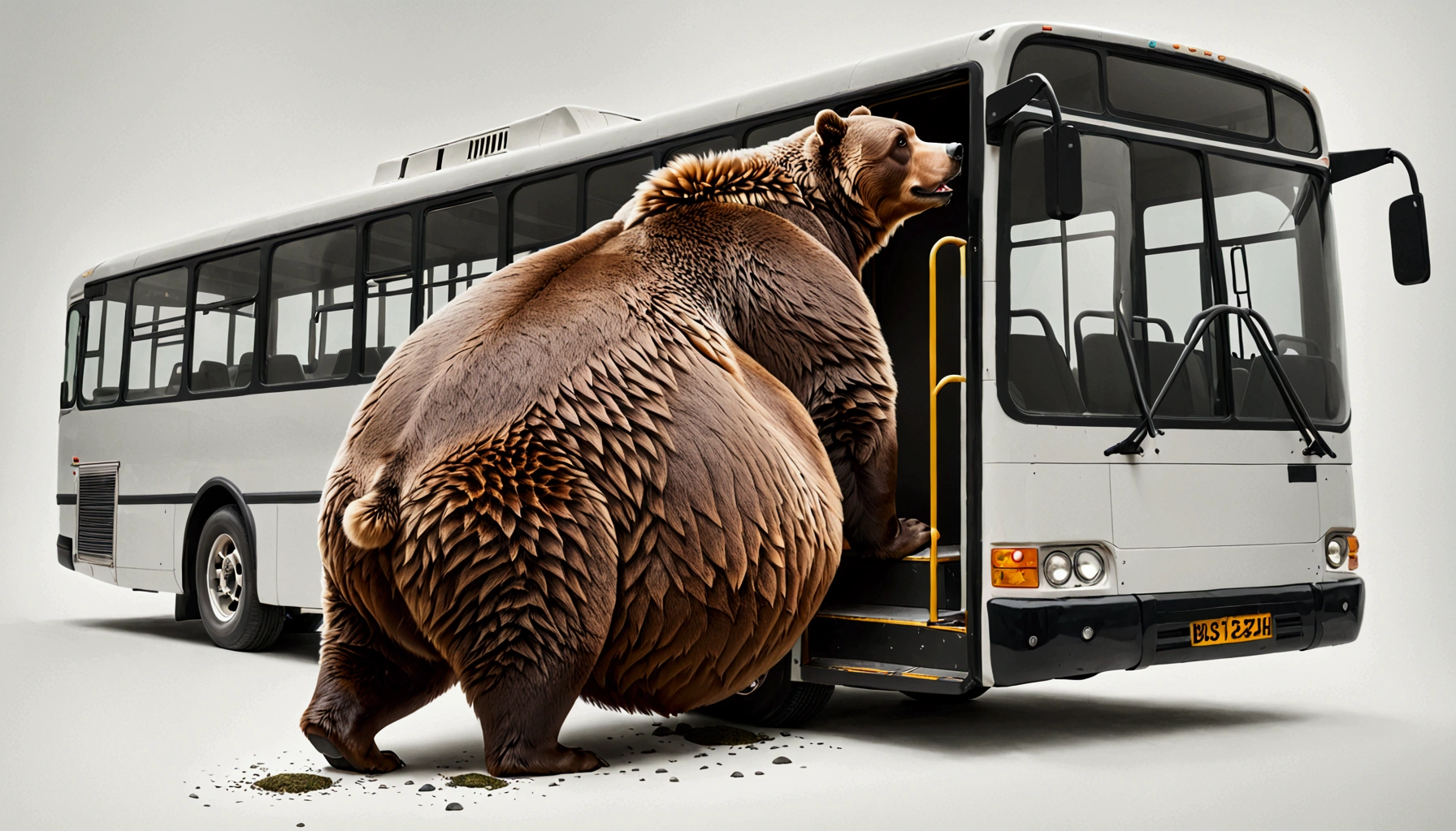 A massive grizzly bear with an unusually large belly, so heavy it drags along the ground, struggles to fit through the narrow doorway of a bus. Its belly presses tightly against the edges of the frame, bulging slightly as it slowly pushes forward, causing the bus to creak under the strain. The bear's fur brushes against the door as it inches through, its sheer size making the task difficult but not impossible, creating a tense yet humorous moment.