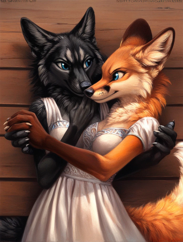 score_9, score_8_up, score_7_up, source_furry, rating_safe, by kenket, anthro, duo, female/female, wolf, disappointment, missionary style, fullbody portrait, black body, blue eyes, fox, orange body, hand holding, face to face, competitive, dresses, fullbody, table, competition, fight, spread out
