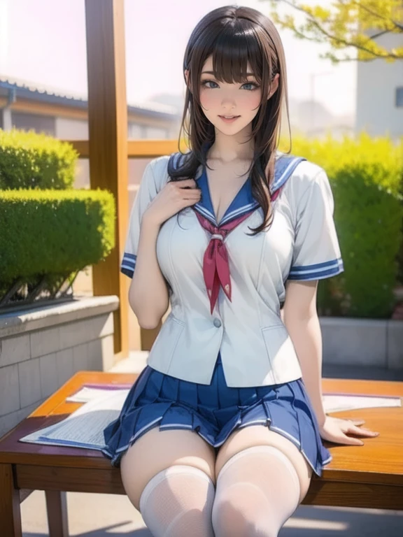  a blue Asian woman in a white uniform posing on a bench,   Japanese high school girl uniform ,  Japanese School Uniform,  Japanese School Uniformを着ている,  the principal is wearing a uniform  , 超  REAL SCHOOLGIRLS  , a hyper  REAL SCHOOLGIRLS  ,   in a strict school uniform   , Puella Magi uniform ,   girl in uniform  ,   REAL SCHOOLGIRLS  , Seifuku,    realistic young gravure idol   
