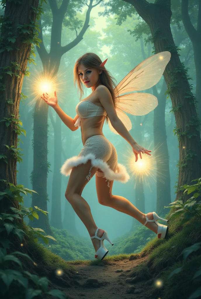 Fairy with elf ears and an orb of energy in her hand, magical forest landscape with halos of light and particles of light :: 2d dark fantasy style, comic style