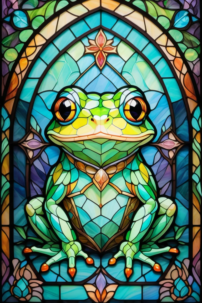  2D stained glass window,  stained glass window frame  . dungeons and dragons art.  symmetrical design ,  Cute Frog . is。.  Pastel Color Scheme 