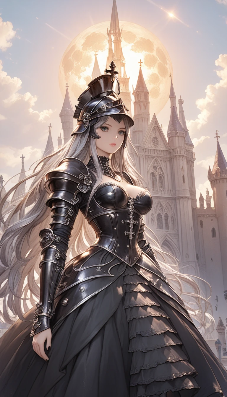 (Best lighting) ( top quality , masterpiece:1.2), ( absurd), 4K, ( detail eyes), ( detailed face ),  standing in front of a towering gothic castle  ,   woman with long gray hair 、 obsidian medieval armor flowing from under her helmet {x},  , she has a  ,  wearing black armor , Ark, Sulky, gothic, dArk fantasy, oil