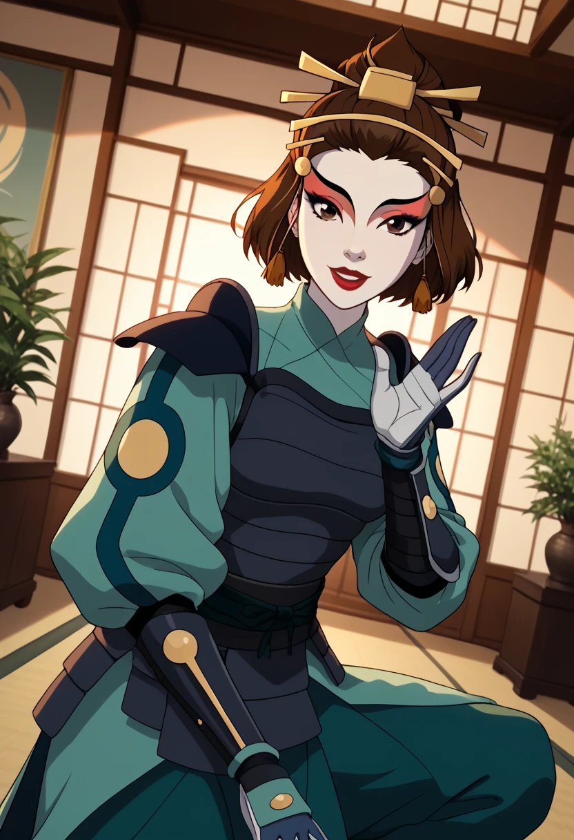 Suki, kyoshi warrior, dinamic, wallpaper, short hair, brown hair, big brown eyes, makeup, lipstick, gloves, armor, hair ornament, in a room, crouching, beautiful smile, looking at the viewer, alone, cowboy shot, Dutch angle, her chest is very big, beautiful environment with plants in the background, dawn light illuminates the bedroom, sad gesture but with a bit of joy, pastel shades, scene of a beautiful dream with the perfect girl