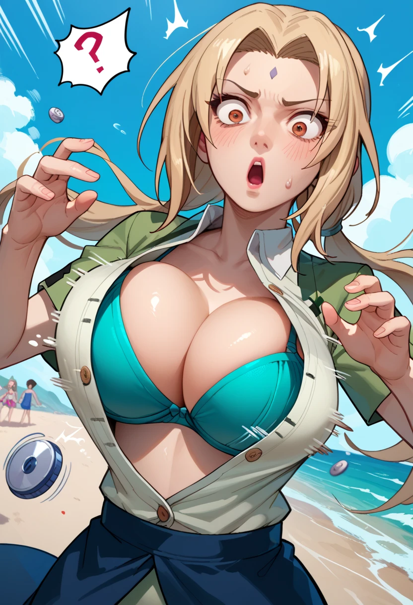 score_9, score_8_up, score_7_up, source_anime,
BREAK
1girl, solo, 
tsunade, long hair, 
bikini, cleavage, bursting breasts, button gap, beach background,
shiflybutton, popped button, flying button, buttons, 
motion blur, motion lines, !?, bra peek, surprised, wardrobe malfunction,