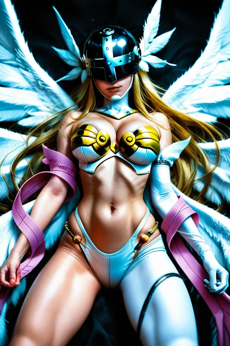 Angewomon, Digimon, beautiful, (masterpiece: 1.2), (best quality: 1.2), perfect eyes, perfect face, perfect lighting, 1girl, bright, bright eyes, realistic, solo,
(huge breasts:1.15), (winged helmet:1.3), (helmet over eyes:1.3, helmet on), (eyes covered:1.3),
(red multiple wings, red wings : 1.3, pink hagoromo , single glove), (without handles),
(white body suit, gold bra, black belt, fortified suit), (two belts),
(blond hair:1.3),
(split lips:1.2), (25 years:1.5)
(sky), (flying, floating), angel,
