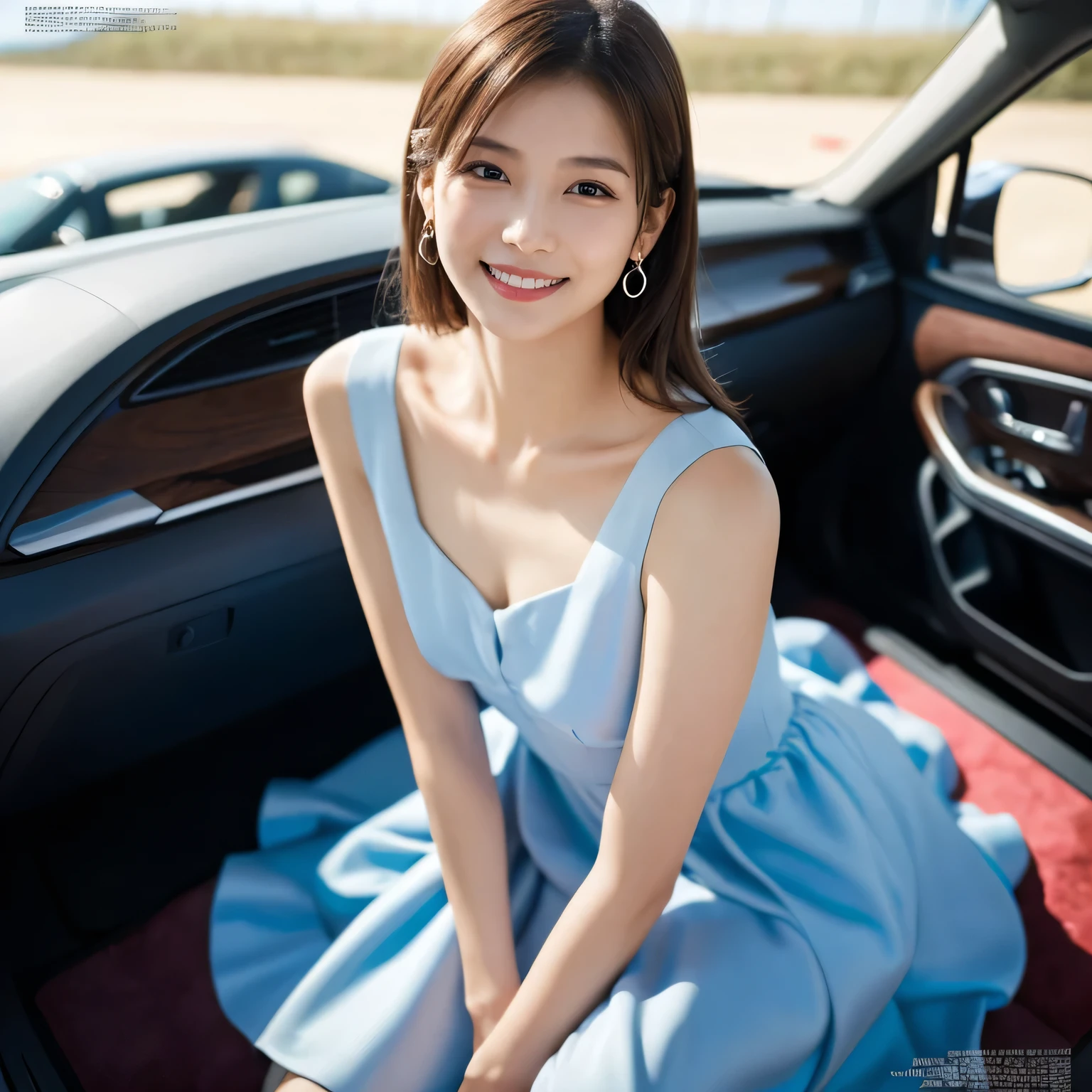 1 girl, (Wear a bright blue dress:1.2), Very beautiful Japanese idol portraits, 
(RAW Photos, highest quality), (Realistic, Realistic:1.4), (masterpiece), 
Very delicate and beautiful, Very detailed, 2k wallpaper, wonderful, finely, Very detailed CG Unity 8K wallpaper, Very detailed, High resolution, Soft Light, 
Beautiful detailed girl, Very detailed目と顔, Beautiful and sophisticated nose, Beautiful and beautiful eyes, Cinema Lighting, 
(Fashion magazine photography:1.3), (indoor), (motor Show:1.3), Accurate depiction of the car,
(Medium Hair), (whole body), (Sit on the hood of a car:1.2), (Sitting cross-legged:1.2),
Complete Anatomy, Slender body, Small breasts, smile, Happy, (teeth)