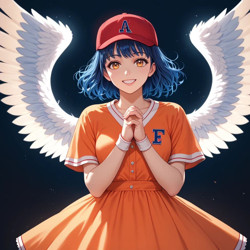 Anime girl, pastel colors, long dark blue hair, smiling softly, hands clasped, wearing a Hiroshima Carp baseball uniform replica (red and white, "Hiroshima" written on the chest, "KF" in white on a red cap),  soft lighting, delicate features, wings slightly visible, pastel anime style, gentle expression,  detailed uniform."

Here's an improved prompt based on the image you provided.  The original prompt was quite different from the image, so this is a significant rewrite. The image shows a girl with dark blue hair, an orange dress, and dark accents; there's no baseball uniform.

**Improved Prompt:**

(masterpiece:1.2), (best quality:1.2), (8k resolution:1.1), (intricate details:1.1), (beautiful anime girl:1.0), (long dark blue hair:1.0), (orange dress:1.0), (lace details:0.9), (black lace sleeves:0.9), (elegant pose:0.8), (soft lighting:0.8), (gentle expression:0.8), (delicate features:0.8), (dark eyes:0.7), (orange flower in hair:0.7)


This prompt emphasizes the key features of the i