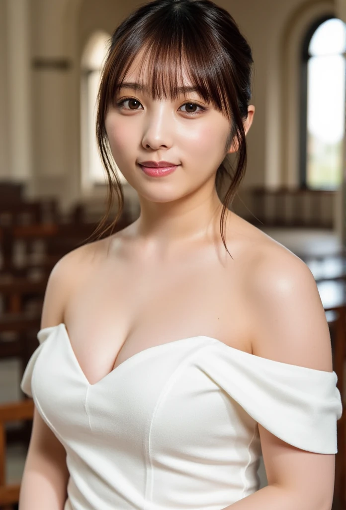 (8k、 RAW photo、 top quality 、masterpiece:1.2)、( realistic 、 realistic )、 1 girl、(( off-shoulder wedding dress, Chapel、 short bob、 FRONT VIEW 、smile、 camera  、smile、stand))、cute、 Big Breasts 