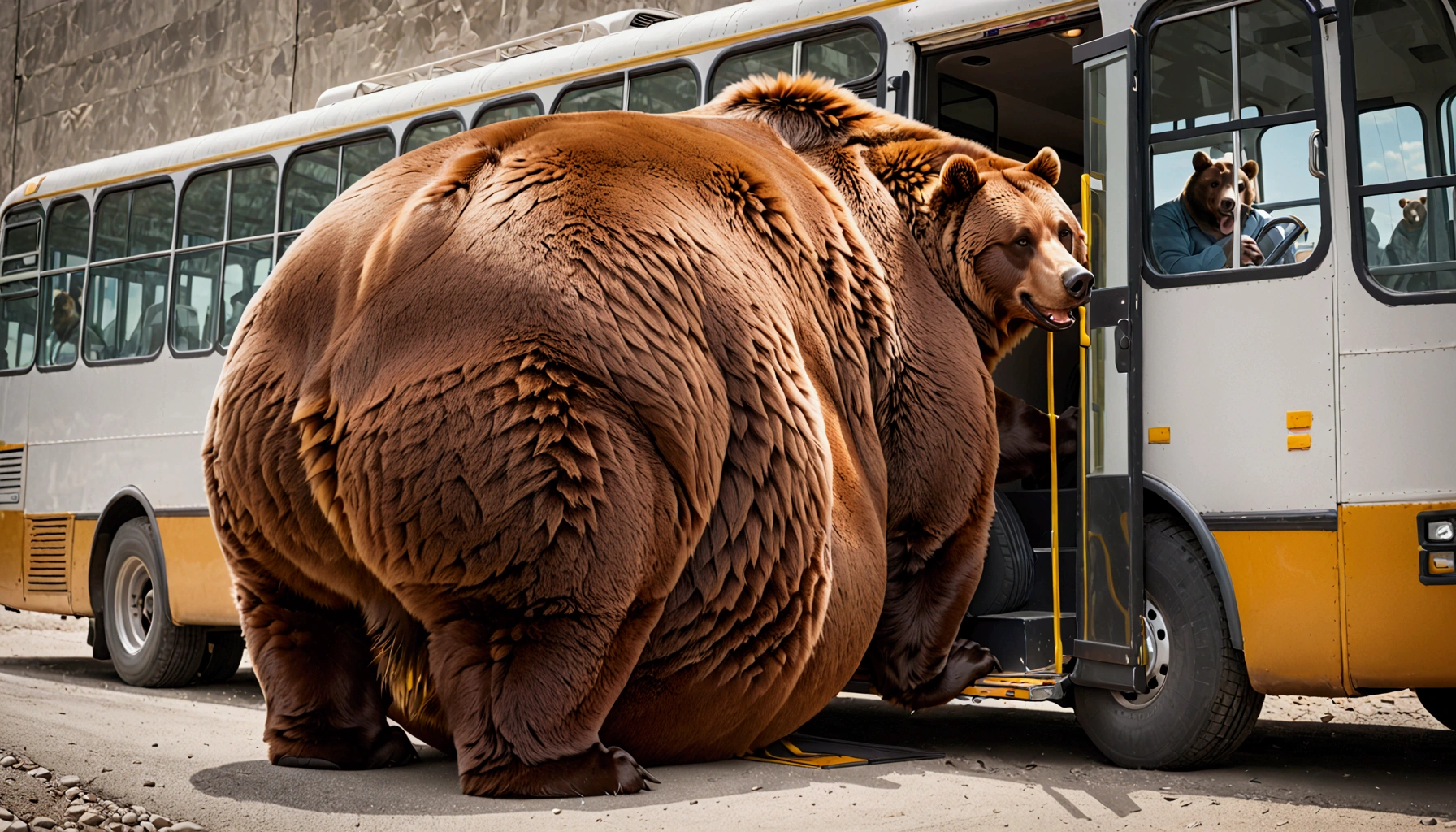 A massive grizzly bear with an unbelievably extremely massive belly, so heavy it drags along the ground, struggles to fit through the narrow doorway of a bus. Its belly presses tightly against the edges of the frame, bulging slightly as it slowly pushes forward, causing the bus to creak under the strain. The bear's fur brushes against the door as it inches through, its sheer size making the task difficult but not impossible, creating a tense yet humorous moment.