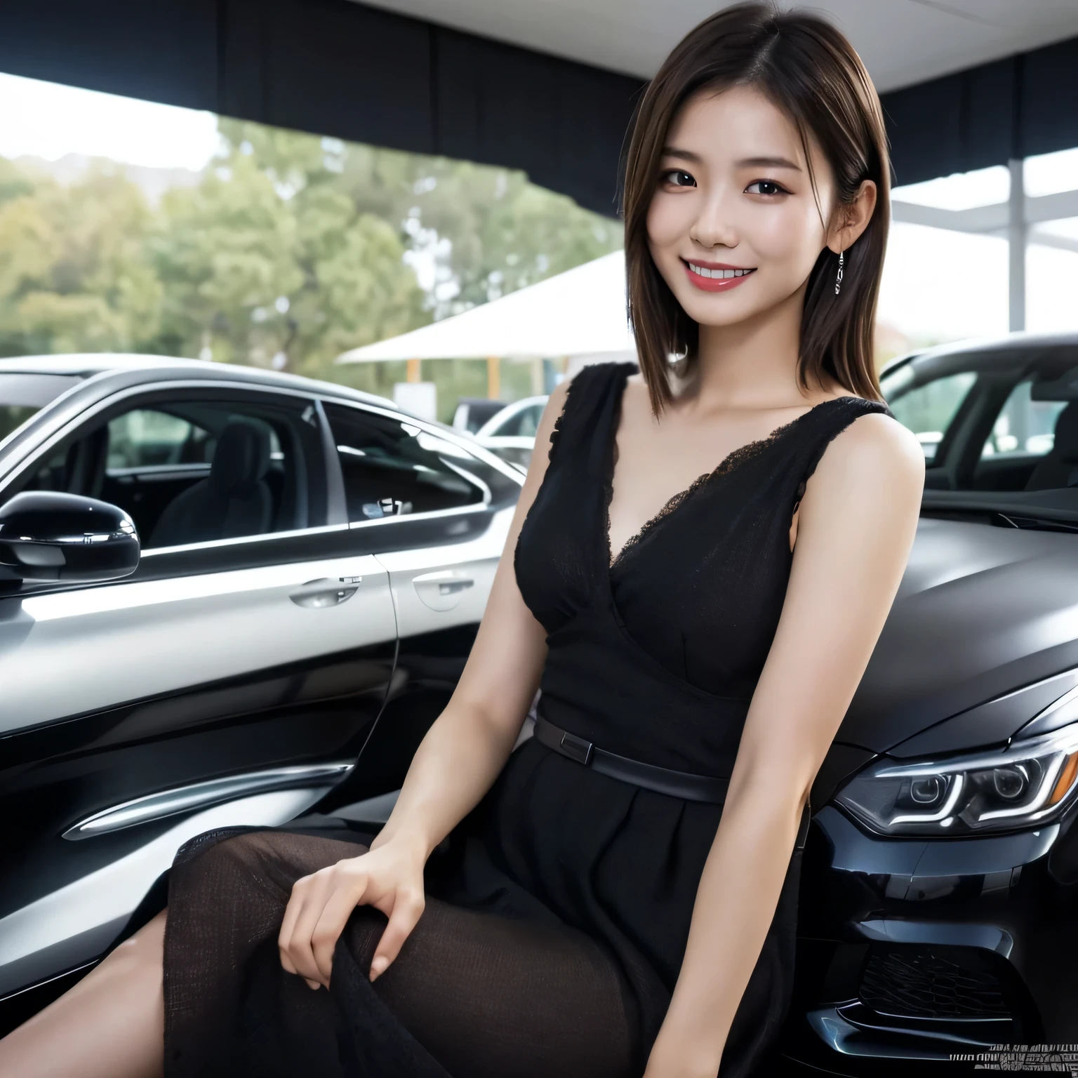 1 girl, (Wear a bright black dress:1.2), Very beautiful Japanese idol portraits,
(RAW Photos, highest quality), (Realistic, Realistic:1.4), (masterpiece),
Very delicate and beautiful, Very detailed, 2k wallpaper, wonderful, finely, Very detailed CG Unity 8K wallpaper, Very detailed, High resolution, Soft Light,
Beautiful detailed girl, Very detailed目と顔, Beautiful and sophisticated nose, Beautiful and beautiful eyes, Cinema Lighting,
(Fashion magazine photography:1.3), (indoor), (motor Show:1.3), Accurate depiction of the car,
(Medium Hair), (whole body), (Sit on the hood of a car:1.2), (Sitting cross-legged:1.2),
Complete Anatomy, Slender body, Small breasts, smile, Happy, (teeth)