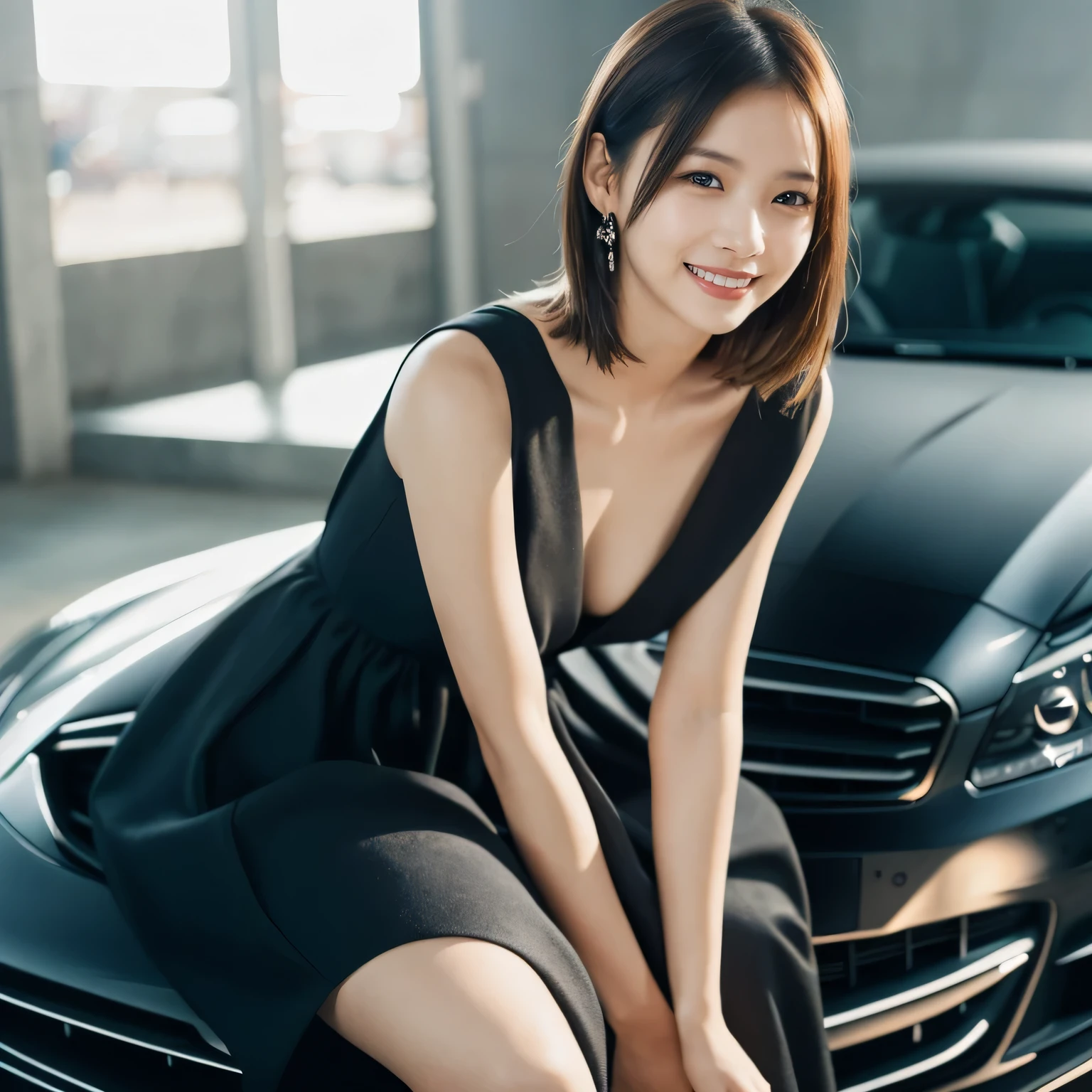 1 girl, (Wear a bright black dress:1.2), Very beautiful Japanese idol portraits,
(RAW Photos, highest quality), (Realistic, Realistic:1.4), (masterpiece),
Very delicate and beautiful, Very detailed, 2k wallpaper, wonderful, finely, Very detailed CG Unity 8K wallpaper, Very detailed, High resolution, Soft Light,
Beautiful detailed girl, Very detailed目と顔, Beautiful and sophisticated nose, Beautiful and beautiful eyes, Cinema Lighting,
(Fashion magazine photography:1.3), (indoor), (motor Show:1.3), Accurate depiction of the car,
(Medium Hair), (whole body), (Sit on the hood of a car:1.2), (Sitting cross-legged:1.2),
Complete Anatomy, Slender body, Small breasts, smile, Happy, (teeth)