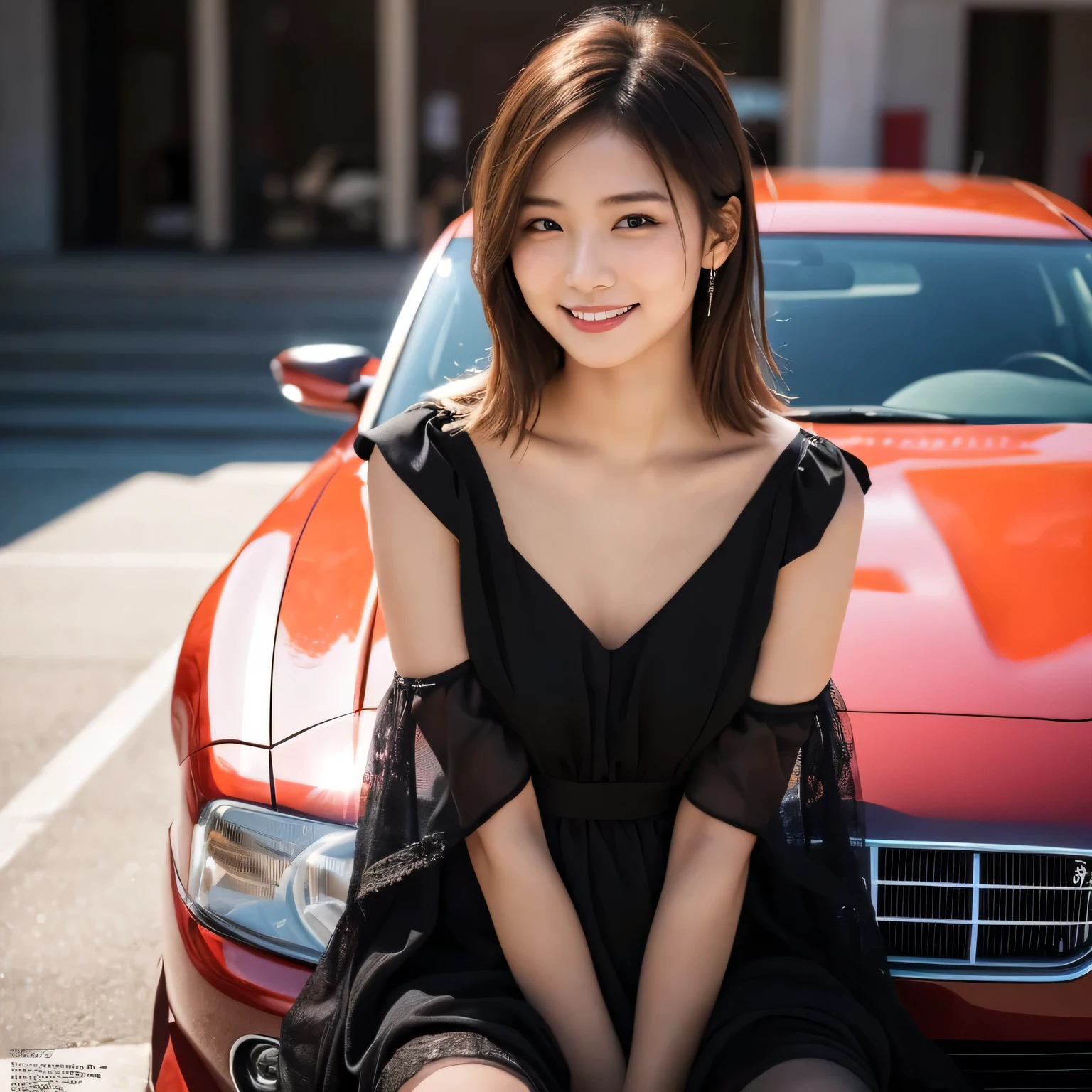 1 girl, (Wear a bright black dress:1.2), Very beautiful Japanese idol portraits, 
(RAW Photos, highest quality), (Realistic, Realistic:1.4), (masterpiece), 
Very delicate and beautiful, Very detailed, 2k wallpaper, wonderful, finely, Very detailed CG Unity 8K wallpaper, Very detailed, High resolution, Soft Light, 
Beautiful detailed girl, Very detailed目と顔, Beautiful and sophisticated nose, Beautiful and beautiful eyes, Cinema Lighting, 
(Fashion magazine photography:1.3), (indoor), (motor Show:1.3), Accurate depiction of the car,
(Medium Hair), (whole body), (Sit on the hood of a car:1.2), (Sitting cross-legged:1.2),
Complete Anatomy, Slender body, Small breasts, smile, Happy, (teeth)