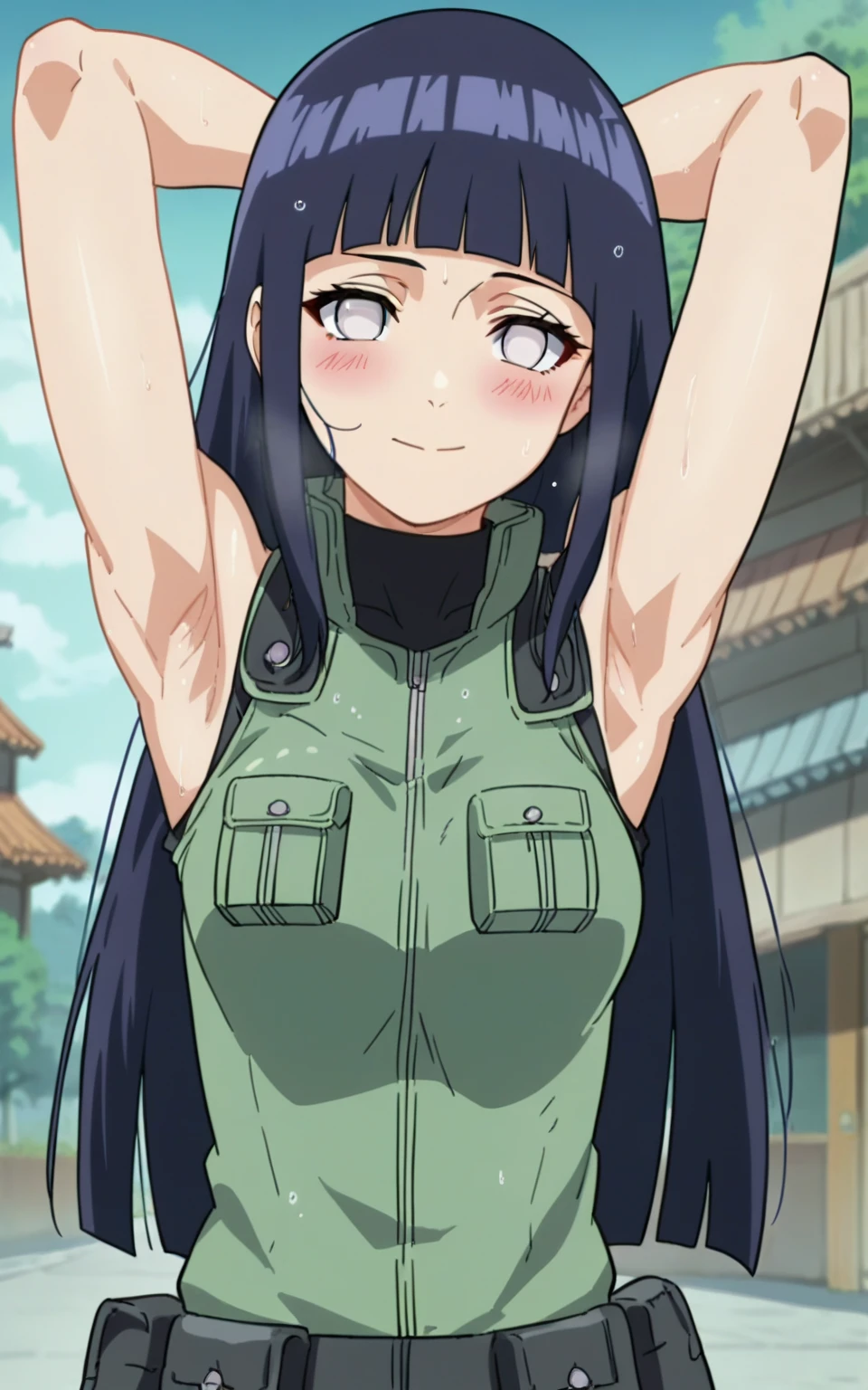 score_9, score_8_up, score_7_up, source_anime, anime screencap, 1girl, solo, ChopioHinataBoruto, purple hair, shiny hair, blunt bangs, sidelocks, no pupils, white eyes, long hair, straight hair, outfit_2, green vest, black shirt, pouch, sleeveless, arms behind head, armpits, looking at viewer, head towards viewer, smile, closed mouth, badhandv4, outdoors, day, sweaty, bare shoulders, bare arms, blush, medium breasts, 