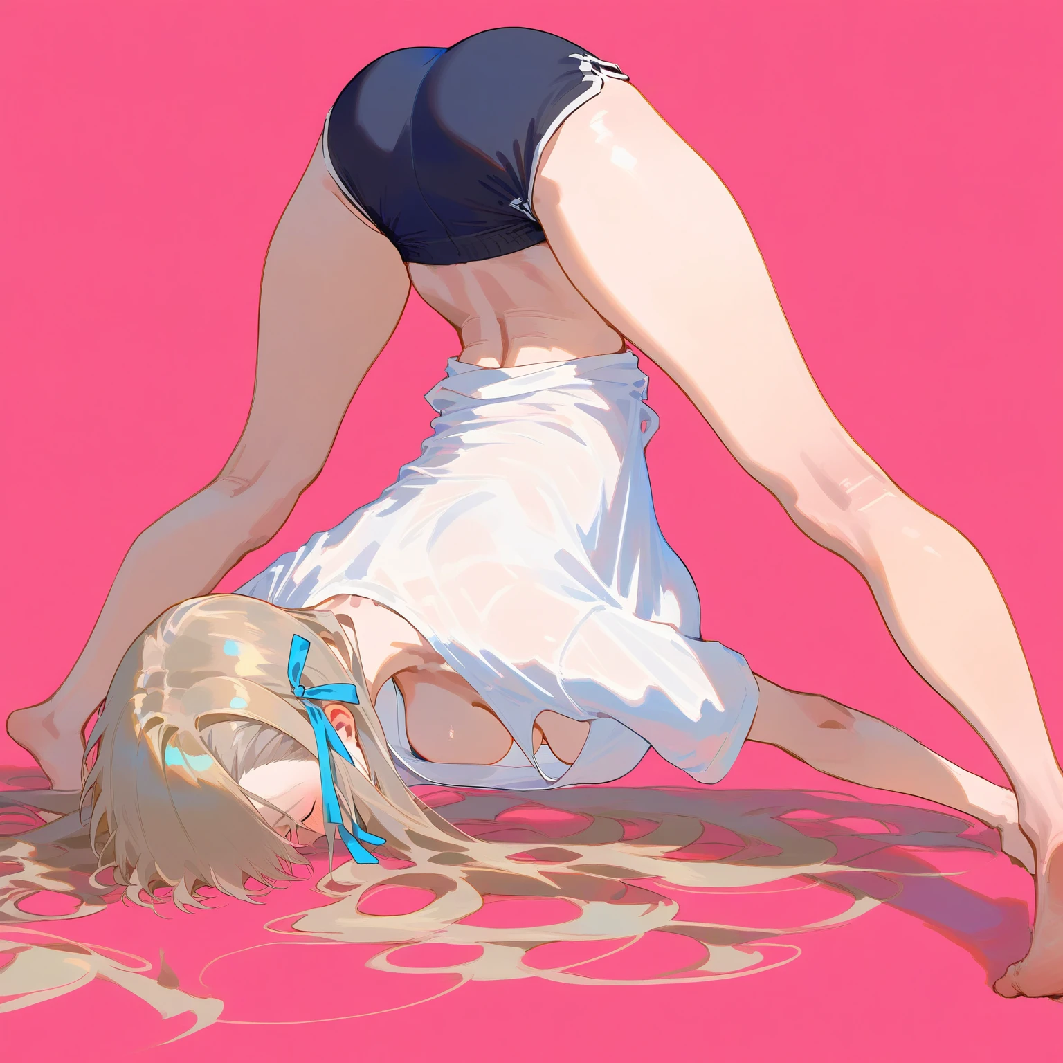  amazing quality, up to date,  absurd,  realistic lighting ,   One girl , Alone, Asuna \( Blue Archive \),  white shirt,   DOLPHIN SHORTS,  face down and push up the butt,  down blouse, focus on legs, barefoot,   from behind in the garden  ,  viewers,  pink background,  