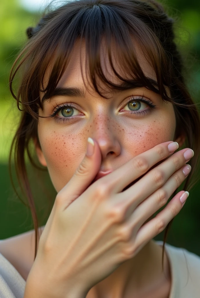 Create a close-up shot of a woman in her early thirties with delicate features and light-colored eyes. Her brown hair, styled with bangs, gracefully frames her face, which is adorned with freckles. Capture a moment where she appears to have just heard an intriguing piece of gossip, with her hand gently placed over her mouth in a playful and curious manner. Her nails are well-manicured with a subtle polish. The background features lush greenery and is naturally lit, creating a fresh and organic atmosphere. Emphasize her face and hand, using soft, natural lighting to convey a realistic and engaging vibe that captivates the viewer