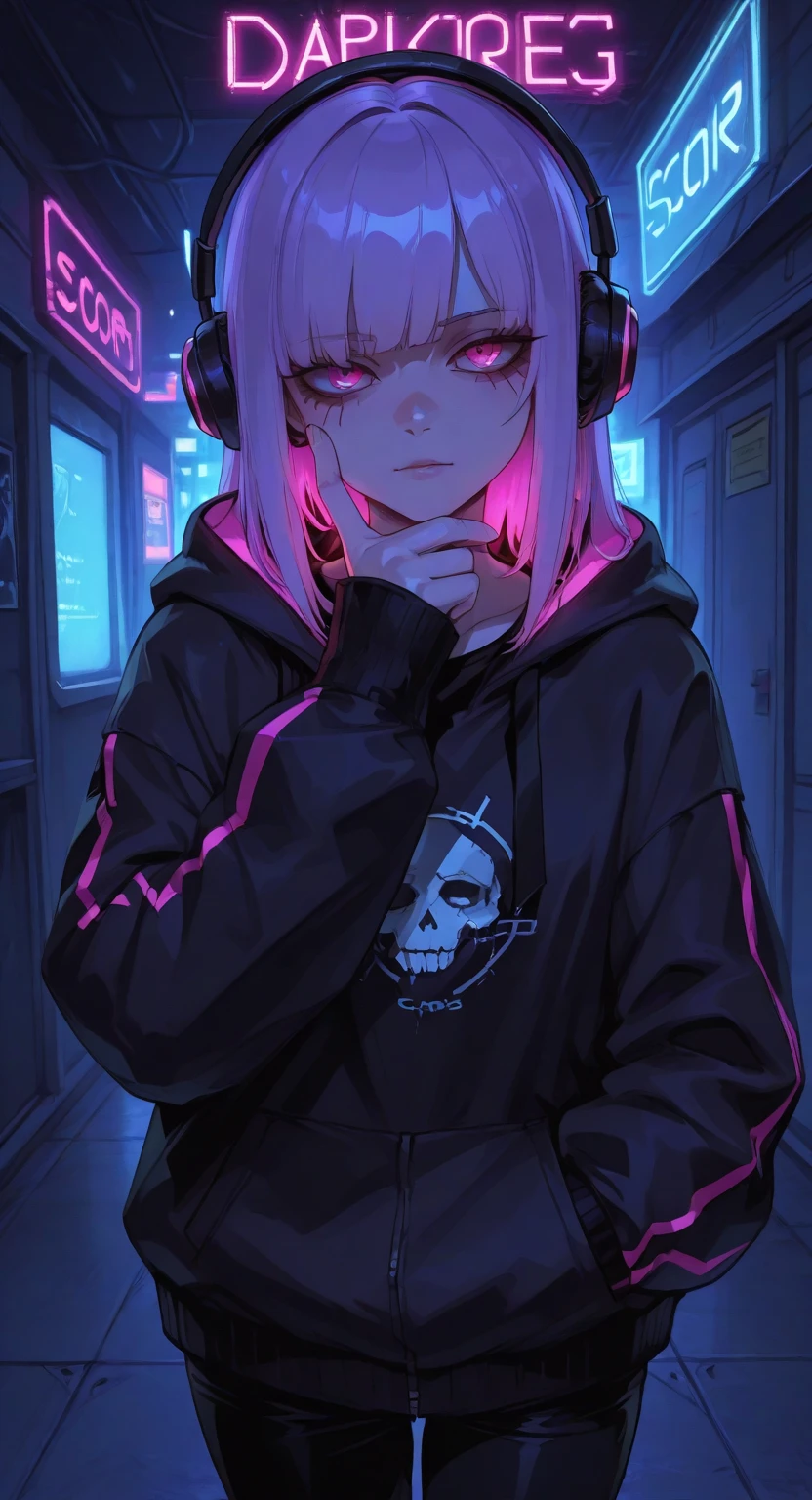 (( top quality )), ((masterpiece)), ( very detailed: 1.3), darkroom, emo,  Beautiful Cyberpunk Women ,   with chin in hand {x} headphones ,  dynamic composition ,  I'm wearing headphones with blue neon lights , The neon glare around the purple neon cord ,