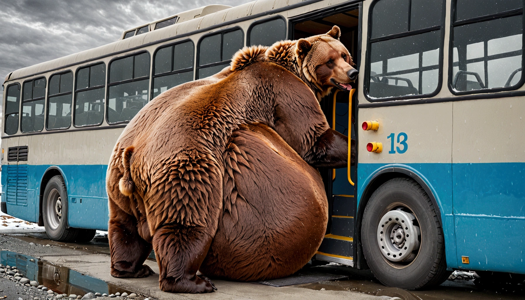 A massive grizzly bear with an unbelievably extremely massive belly, so heavy it drags along the ground, struggles to fit through the narrow doorway of a bus. Its belly presses tightly against the edges of the frame, bulging slightly as it slowly pushes forward, causing the bus to creak under the strain. The bear's fur brushes against the door as it inches through, its sheer size making the task difficult but not impossible, creating a tense yet humorous moment.