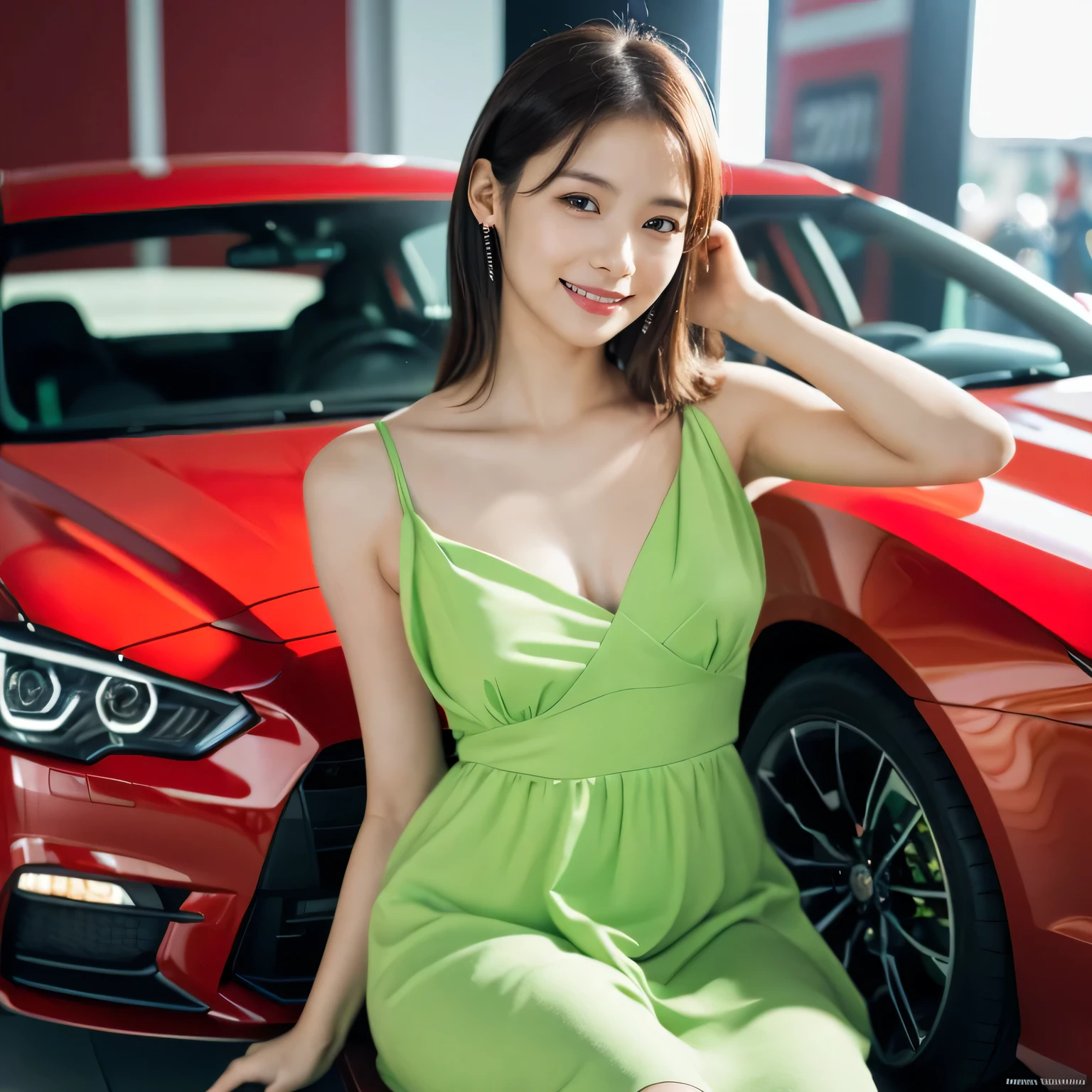 1 girl, (Wear a bright green dress:1.2), Very beautiful Japanese idol portraits,
(RAW Photos, highest quality), (Realistic, Realistic:1.4), (masterpiece),
Very delicate and beautiful, Very detailed, 2k wallpaper, wonderful, finely, Very detailed CG Unity 8K wallpaper, Very detailed, High resolution, Soft Light,
Beautiful detailed girl, Very detailed目と顔, Beautiful and sophisticated nose, Beautiful and beautiful eyes, Cinema Lighting,
(Fashion magazine photography:1.3), (indoor), (motor Show:1.3), Accurate depiction of the car,
(Medium Hair), (whole body), (Sit on the hood of a car:1.2), (Sitting cross-legged:1.2),
Complete Anatomy, Slender body, Small breasts, smile, Happy, (teeth)