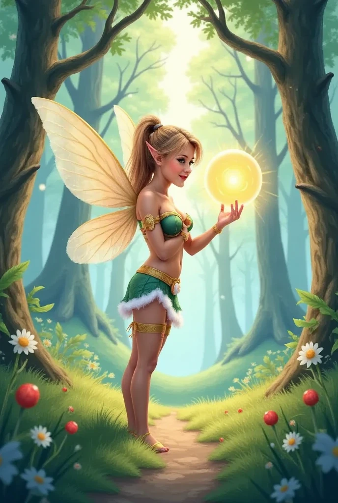 fairy with elf ears and an orb of energy in her hand, magical forest landscape with halos of light and particles of light :: 2d animation style watercolor style