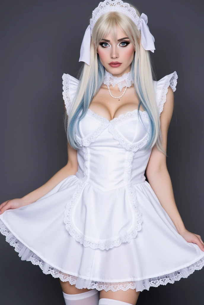 age 18, slim, e-girl, goth girl,( Masterpiece, 4k resolution, ultra-realistic, very detailed) long white hair with blue highlights, blue eyes, wearing a frilly white ****ta dress, sissy, high petticoat skirt, bow in her hair, bow in her hair, white stockings, dressed in a sexy white maid outfit, Caucasian pale skin, drag queen makeup