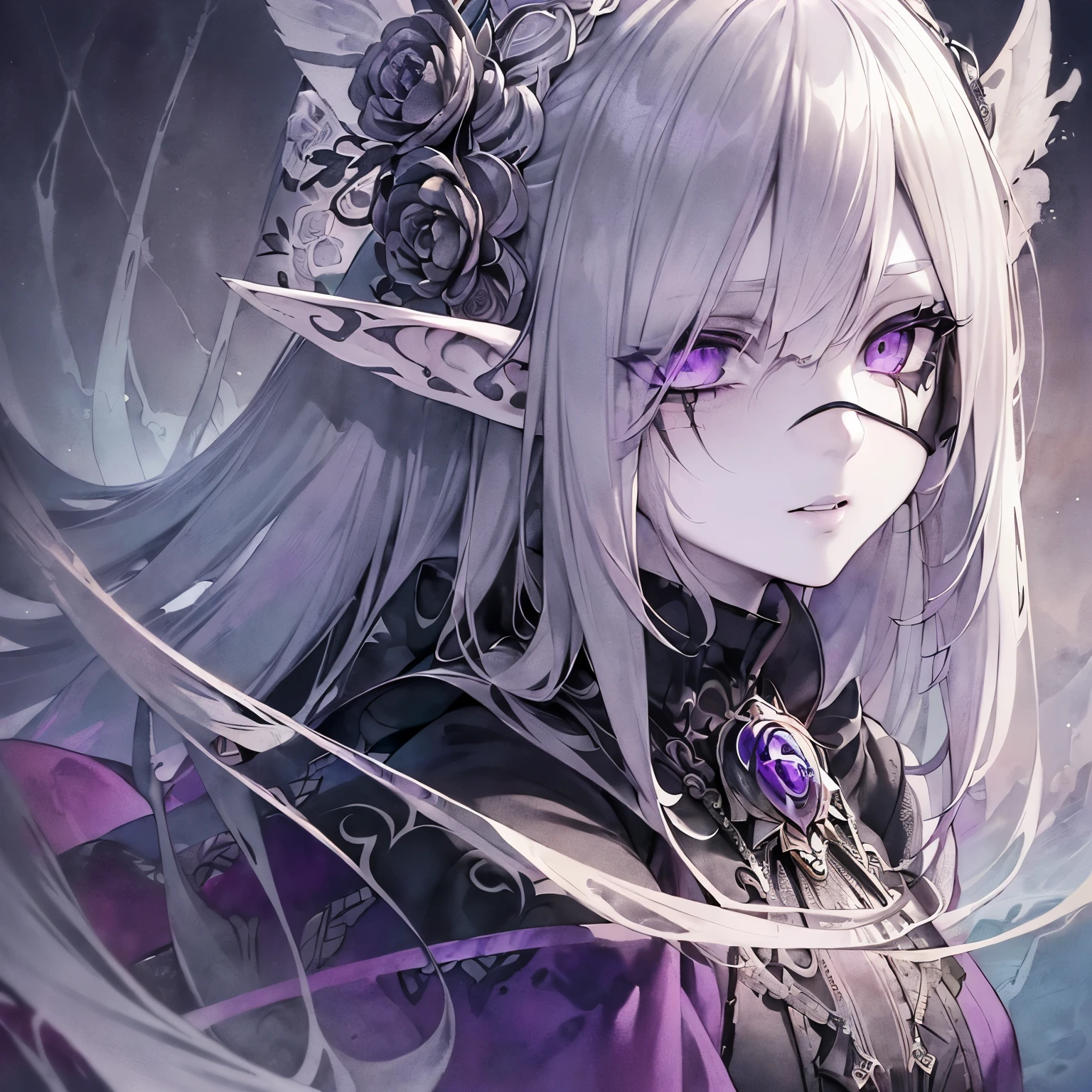 Anime girl with purple eyes and a purple flower in her hair - SeaArt AI