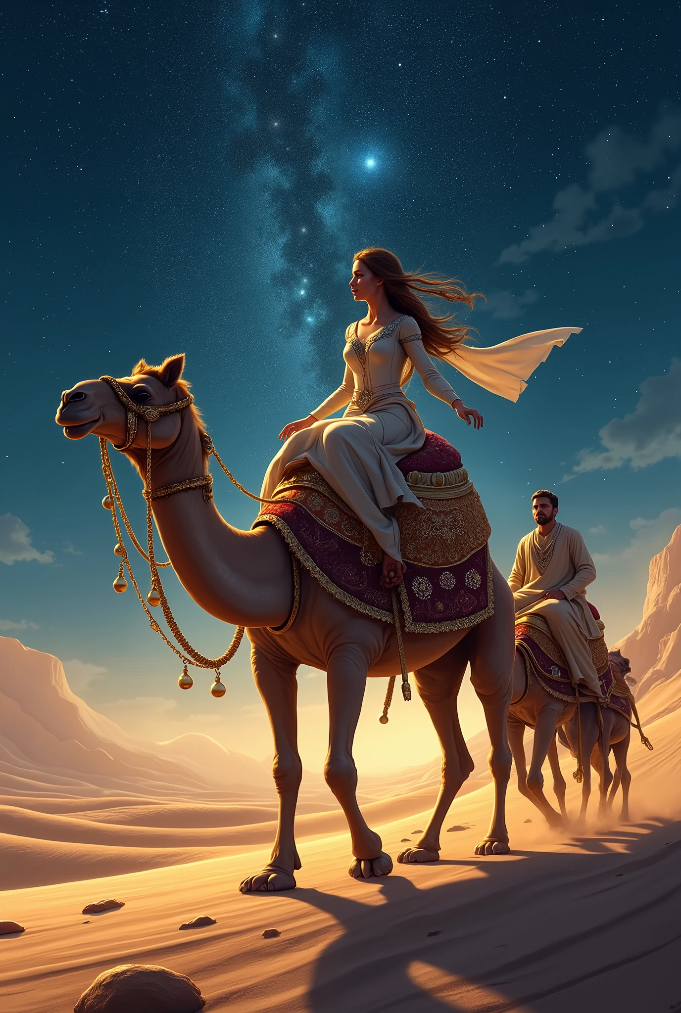  Arabic,  The traveling camel with gold and silver bells traveled to the lunar desert, A pretty woman is riding a camel , A male servant has a friend, A lot of stars are shining, 