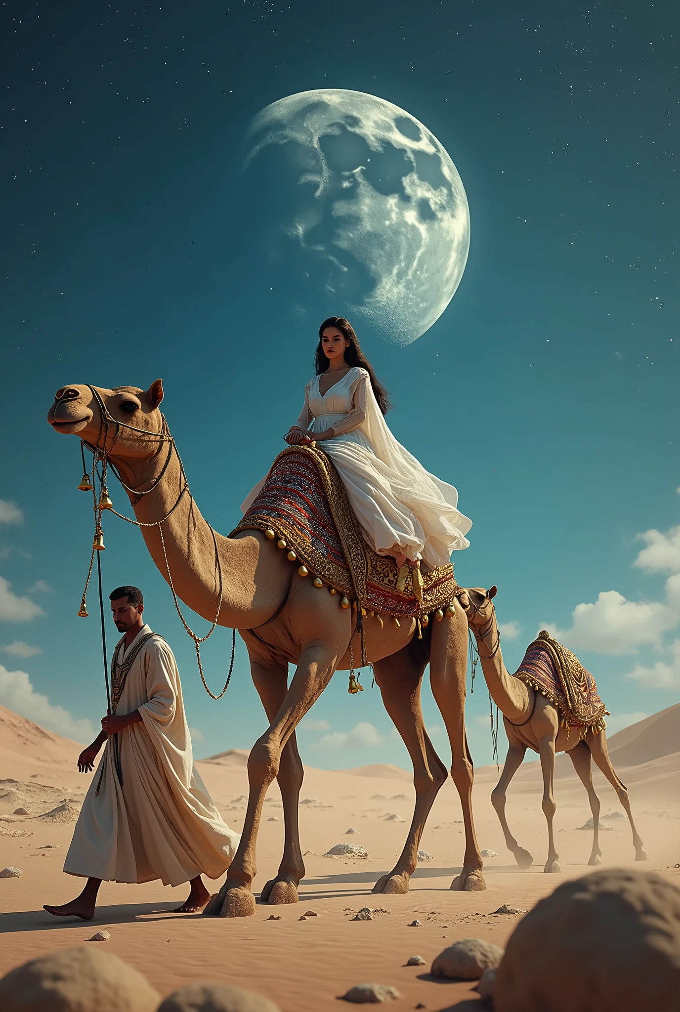  Arabic,  The traveling camel with gold and silver bells traveled to the lunar desert, A pretty woman is riding a camel , A male servant has a friend, Lots of stars shine, 