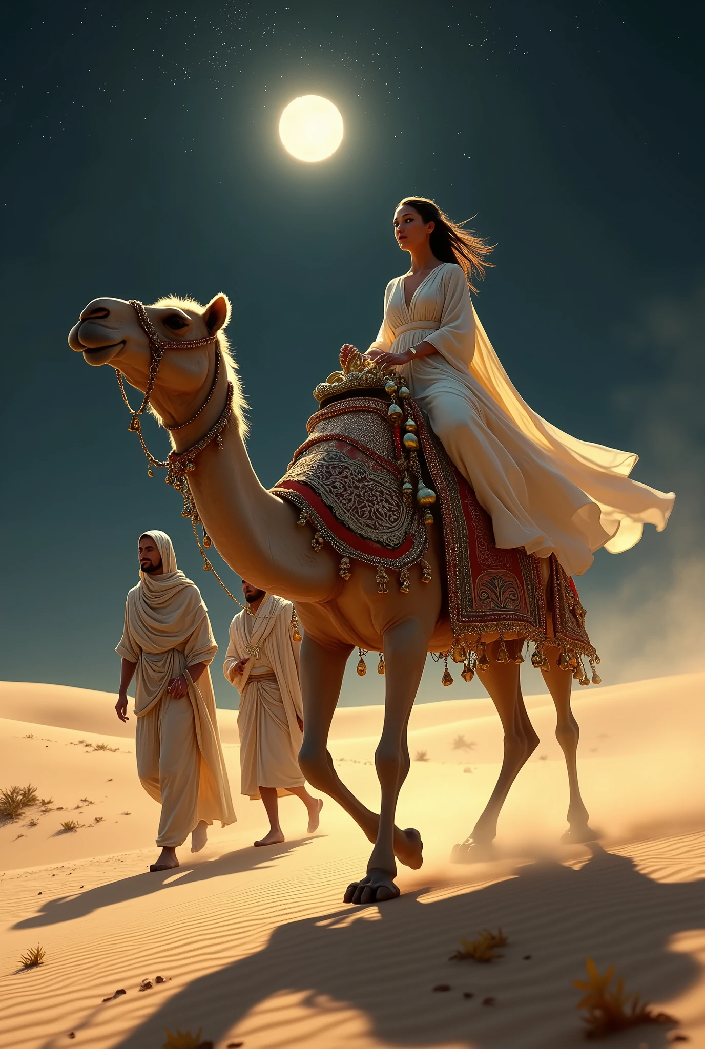  Arabic,  The traveling camel with gold and silver bells traveled to the lunar desert, A pretty woman is riding a camel , A male servant has a friend