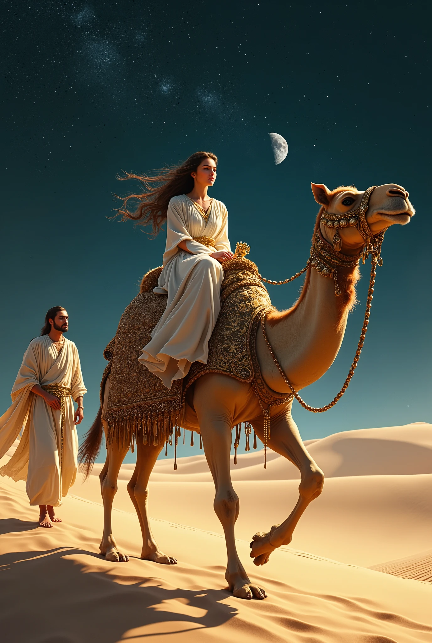  Arabic,  The traveling camel with gold and silver bells traveled to the lunar desert, A pretty woman is riding a camel , A male servant has a friend