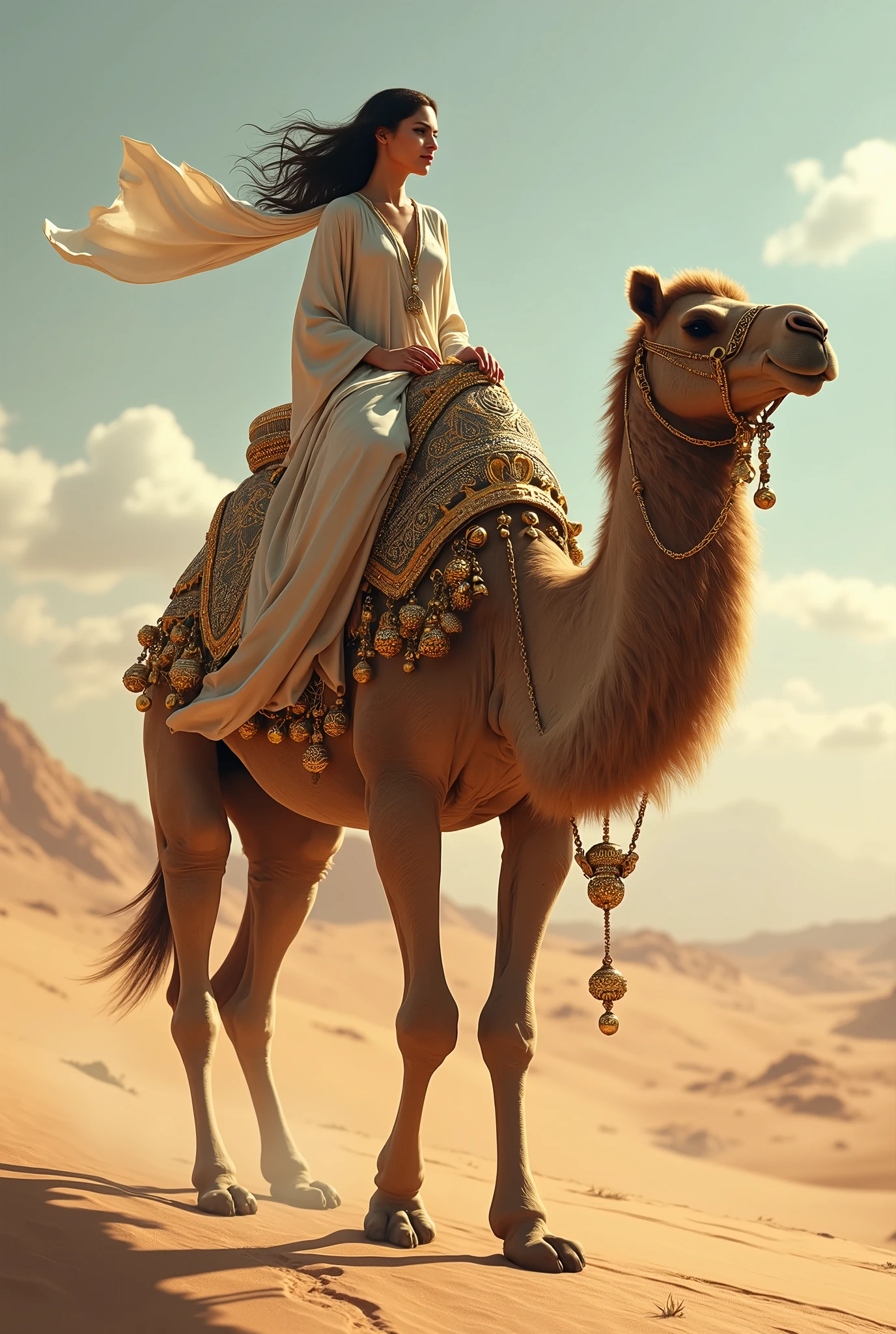  Arabic,  The traveling camel with gold and silver bells traveled to the lunar desert, A pretty woman is riding a camel , 