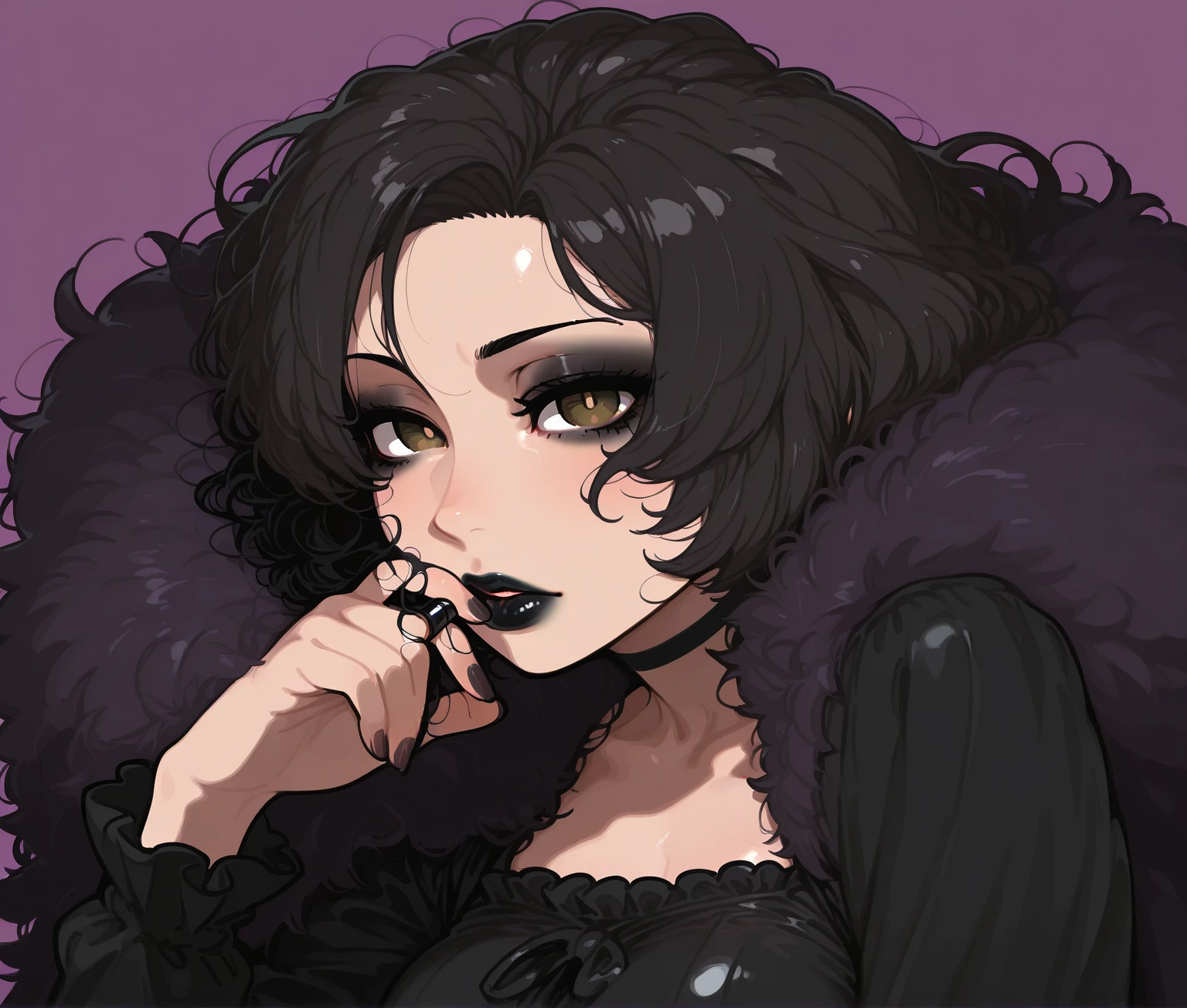 Vampire girl, 1girl, Purple black hair, grizzly skin, Brown eyes, Black lipstick,  Black top