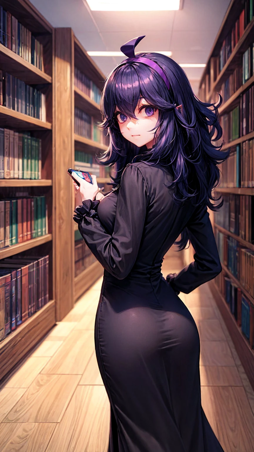  hex maniac,  headband,  messy hair,  purple eyes, Purple Hair, purple  headband, @ @,
black  dress,  dress, long  dress,  Long Sleeve ,  Juliet sleeve,
indoor, library,  bend your back,
 viewers,  cowboy shot,  Dutch angle to the side,